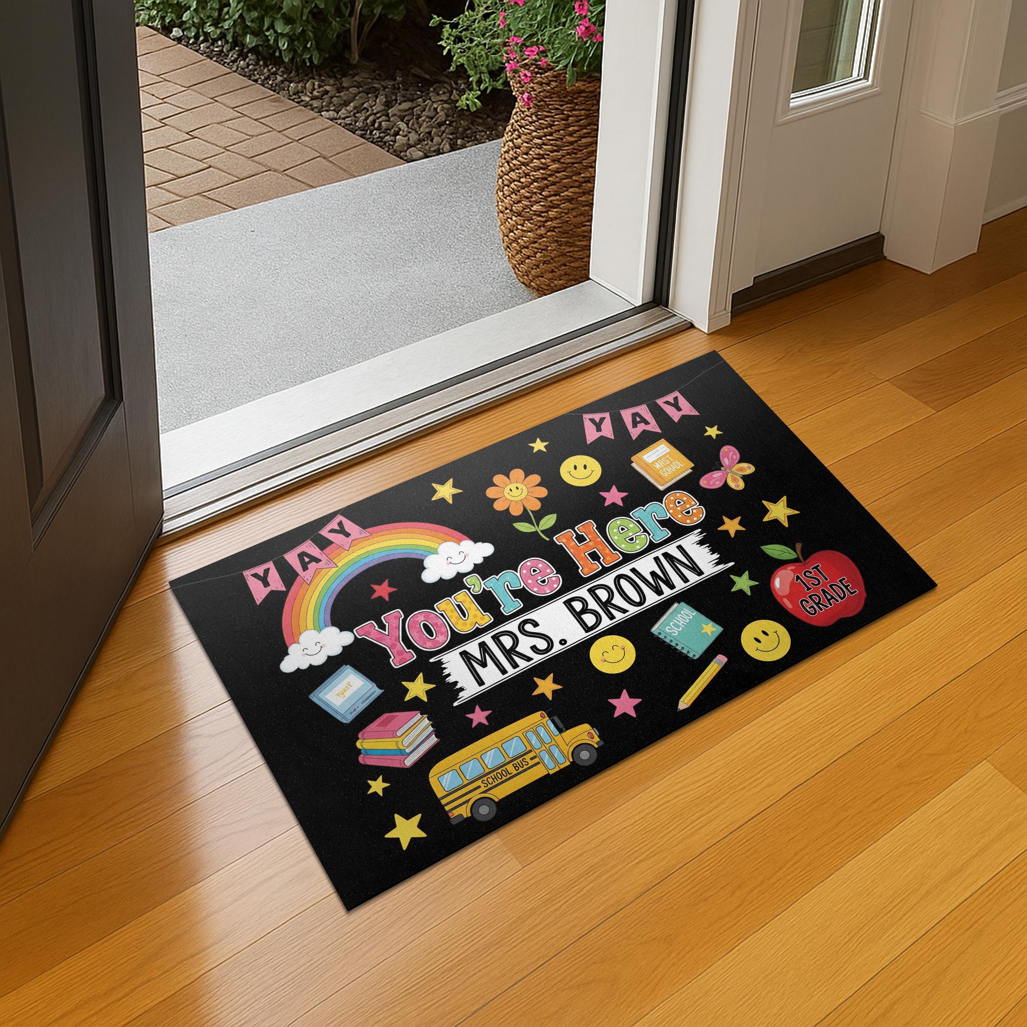 Personalized Teacher Doormat, Yay You're Here Welcome Mat, Custom Classroom Rug, Back to School Decor, Teacher Gift Idea, Welcome mat