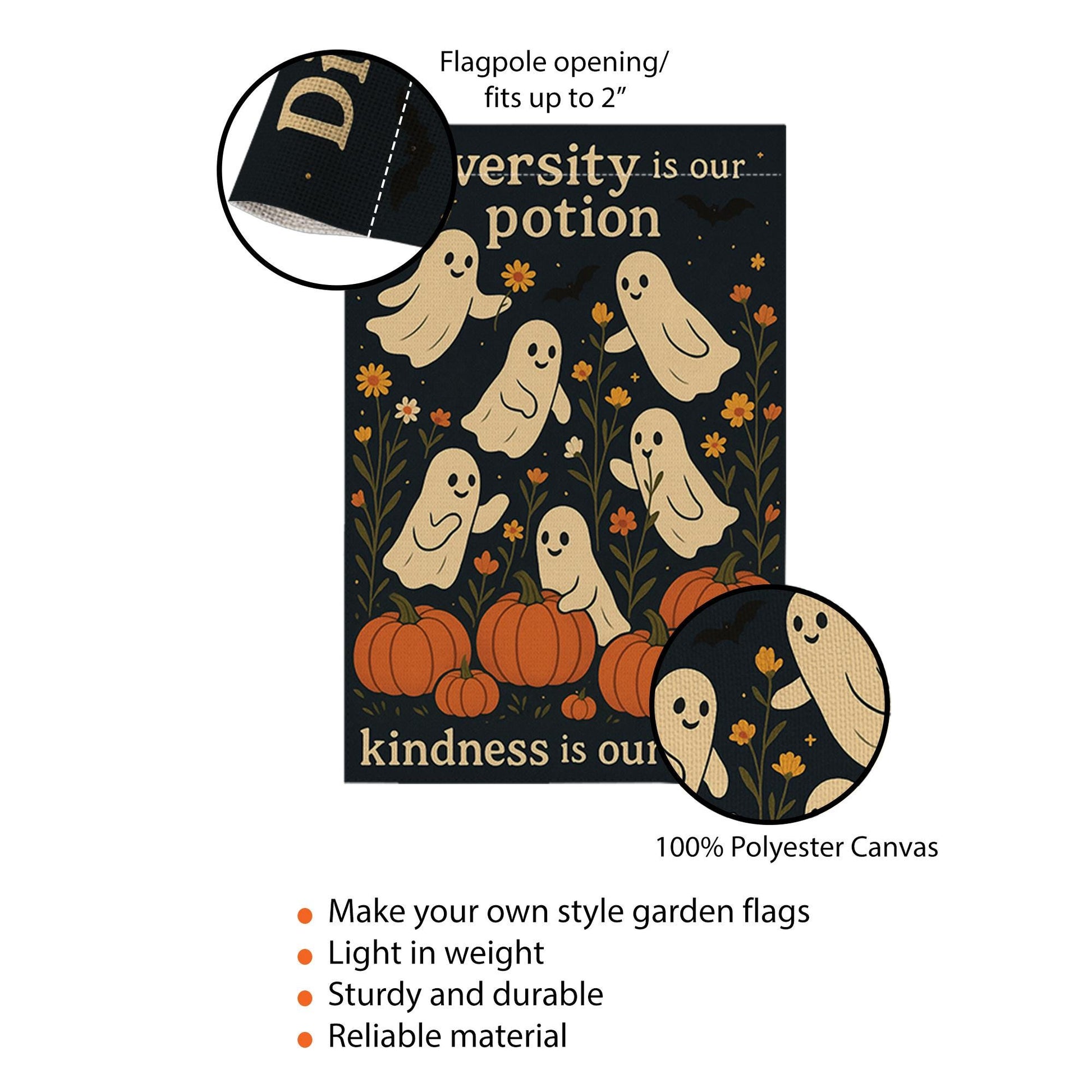 Diversity Is Our Potion Garden Flag, Inclusive Halloween Yard Decor, Ghost Pumpkin Fall Flag, Kindness Spell Outdoor Banner