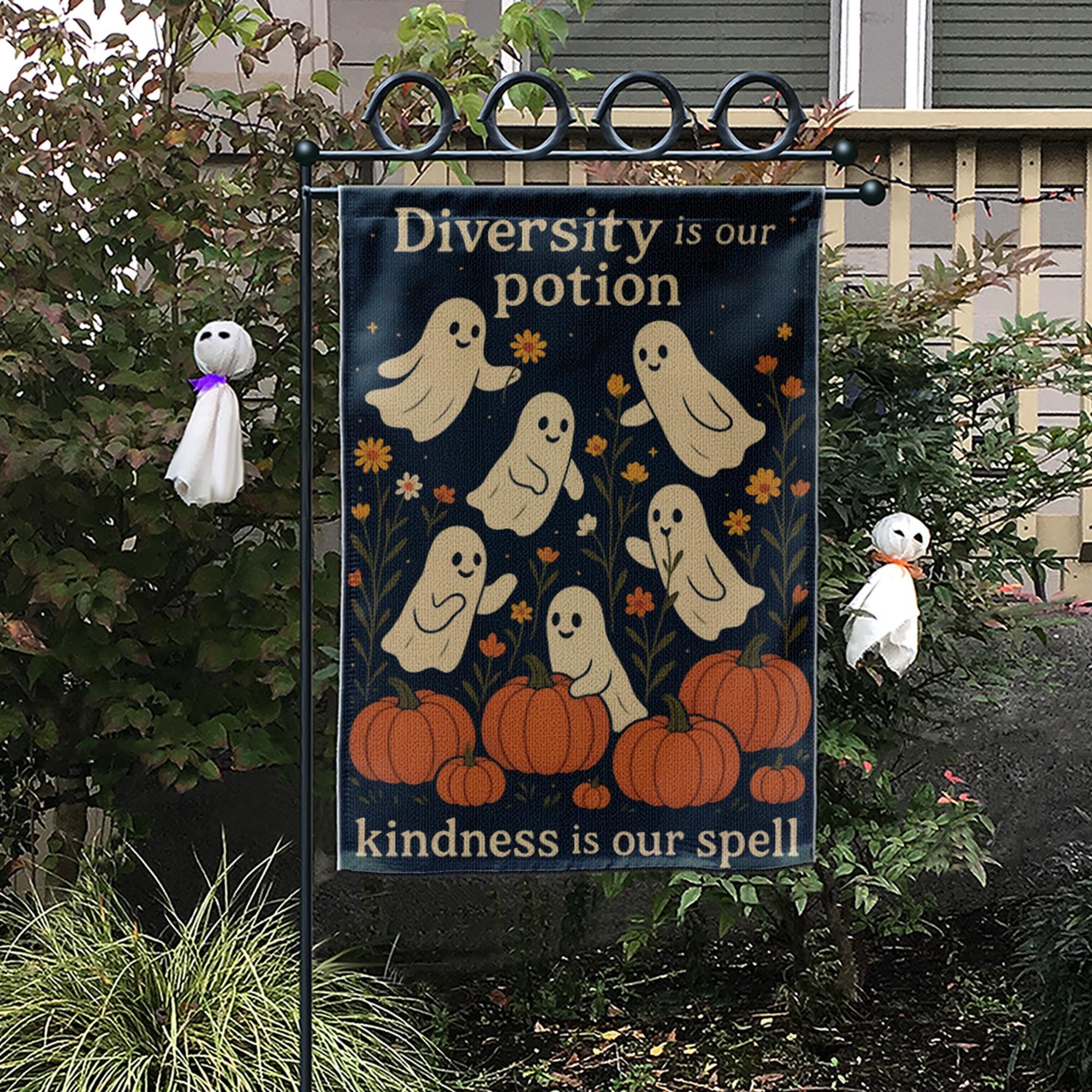 Diversity Is Our Potion Garden Flag, Inclusive Halloween Yard Decor, Ghost Pumpkin Fall Flag, Kindness Spell Outdoor Banner