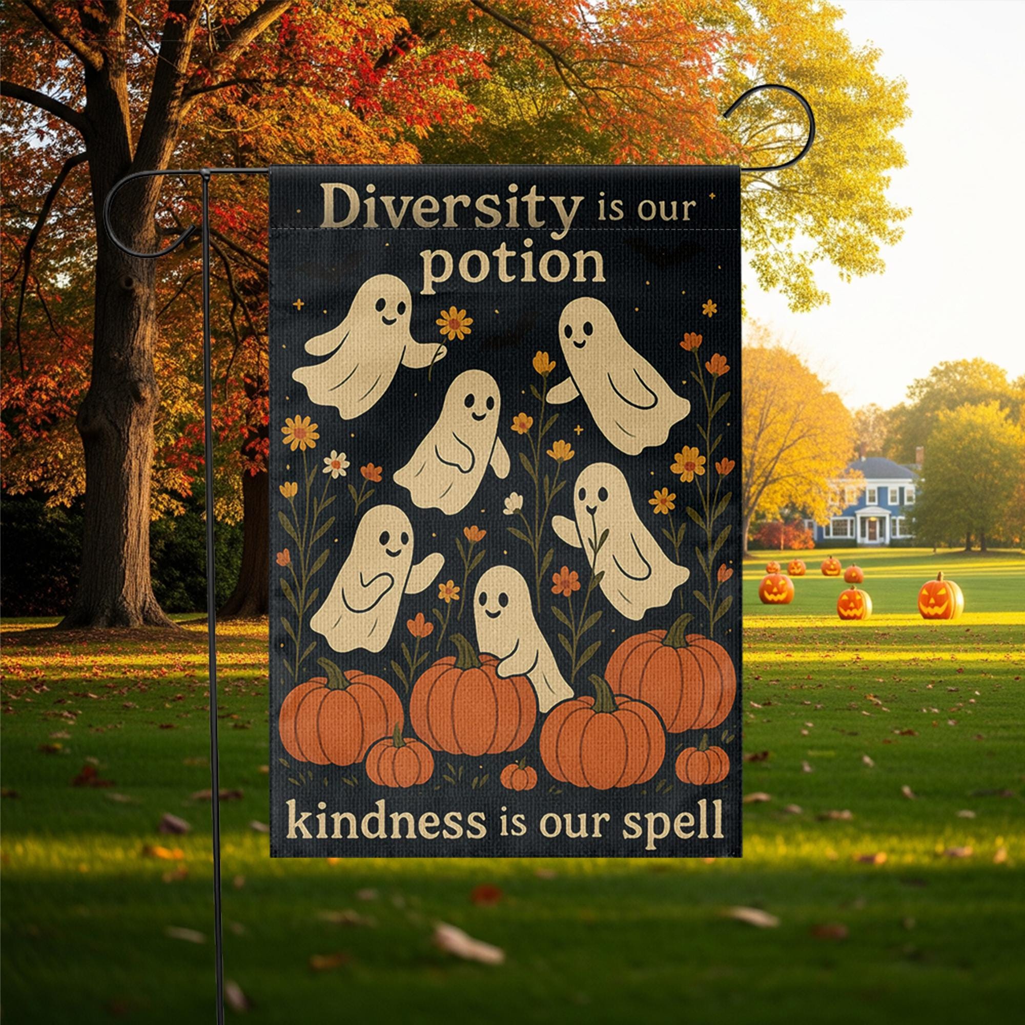 Diversity Is Our Potion Garden Flag, Inclusive Halloween Yard Decor, Ghost Pumpkin Fall Flag, Kindness Spell Outdoor Banner
