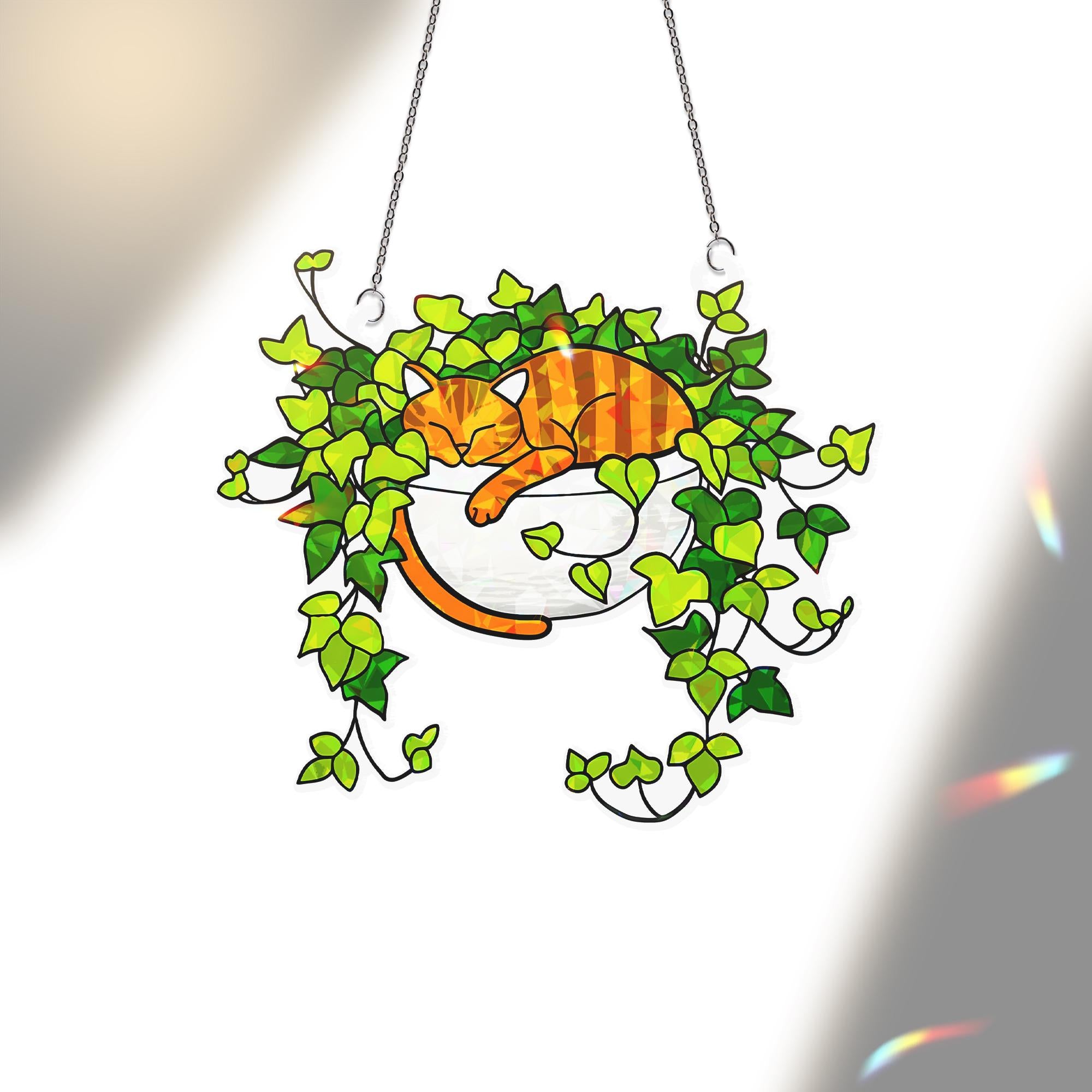 Orange Cat Sleeping on Ivy Hologram Ornament | Cat ACRYLIC Window Hanging | Plant Lover Gift, Ivy Plants Decor, Cozy Cat Decor, Gift For Mom
