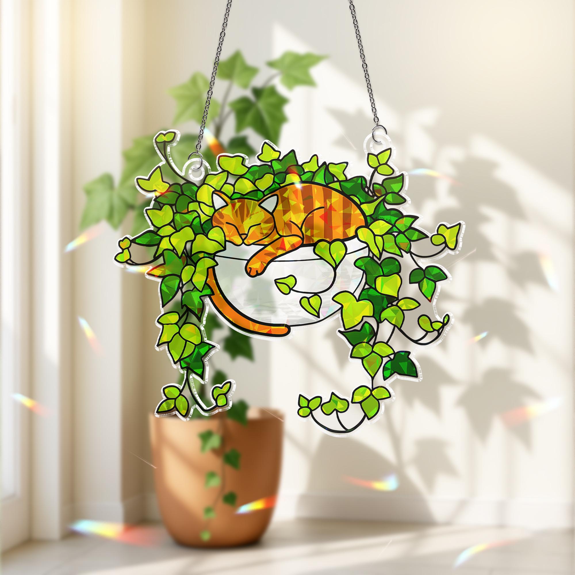 Orange Cat Sleeping on Ivy Hologram Ornament | Cat ACRYLIC Window Hanging | Plant Lover Gift, Ivy Plants Decor, Cozy Cat Decor, Gift For Mom