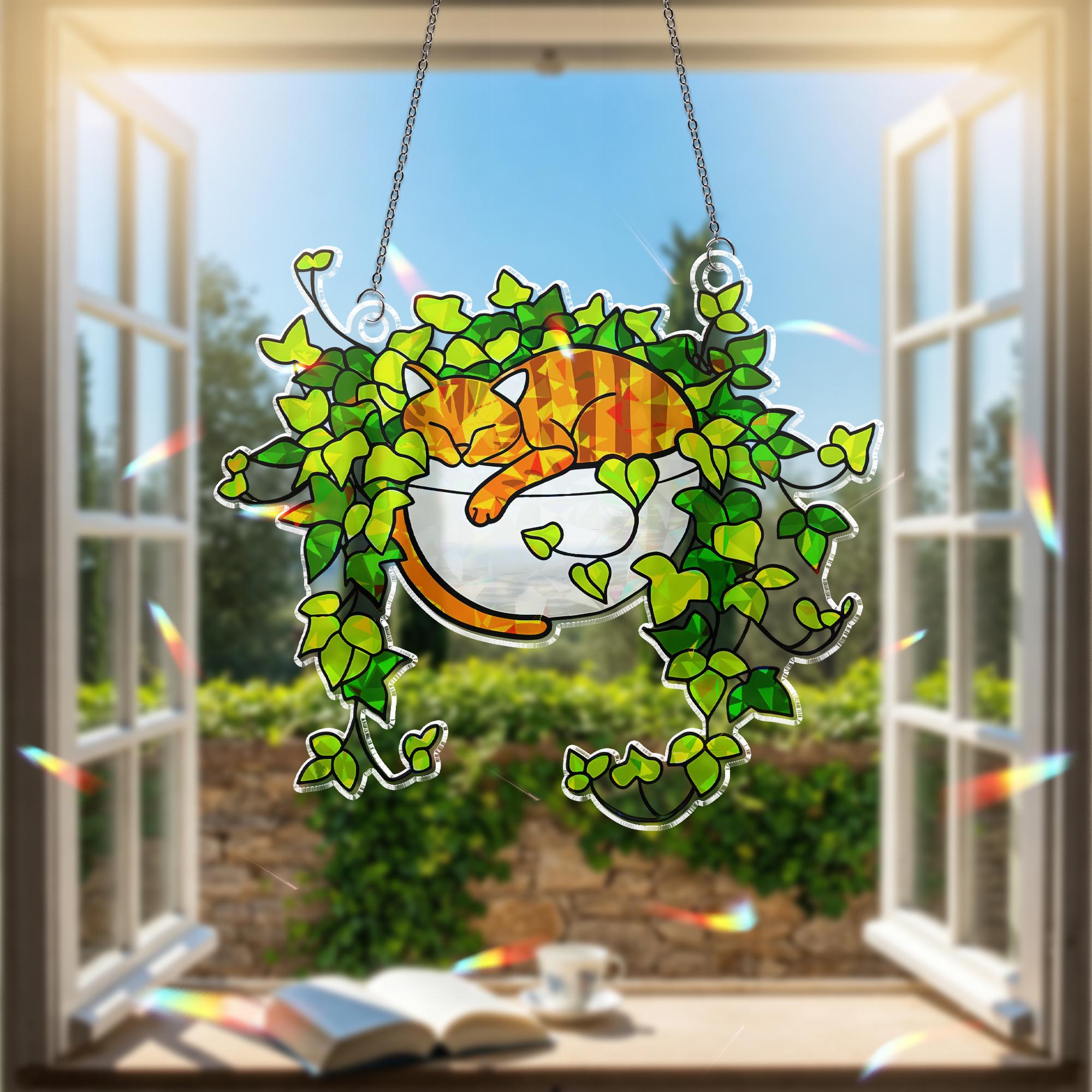 Orange Cat Sleeping on Ivy Hologram Ornament | Cat ACRYLIC Window Hanging | Plant Lover Gift, Ivy Plants Decor, Cozy Cat Decor, Gift For Mom