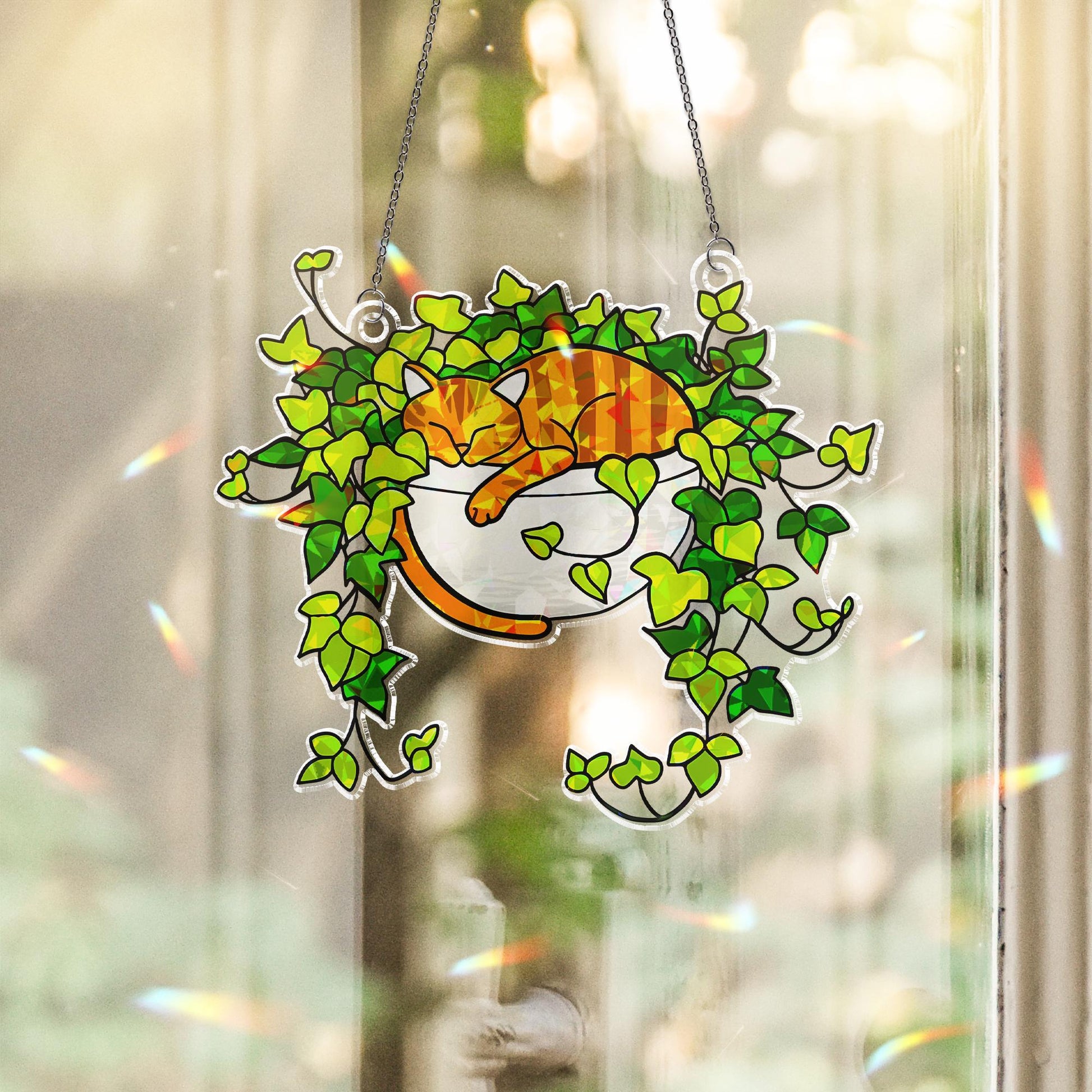 Orange Cat Sleeping on Ivy Hologram Ornament | Cat ACRYLIC Window Hanging | Plant Lover Gift, Ivy Plants Decor, Cozy Cat Decor, Gift For Mom