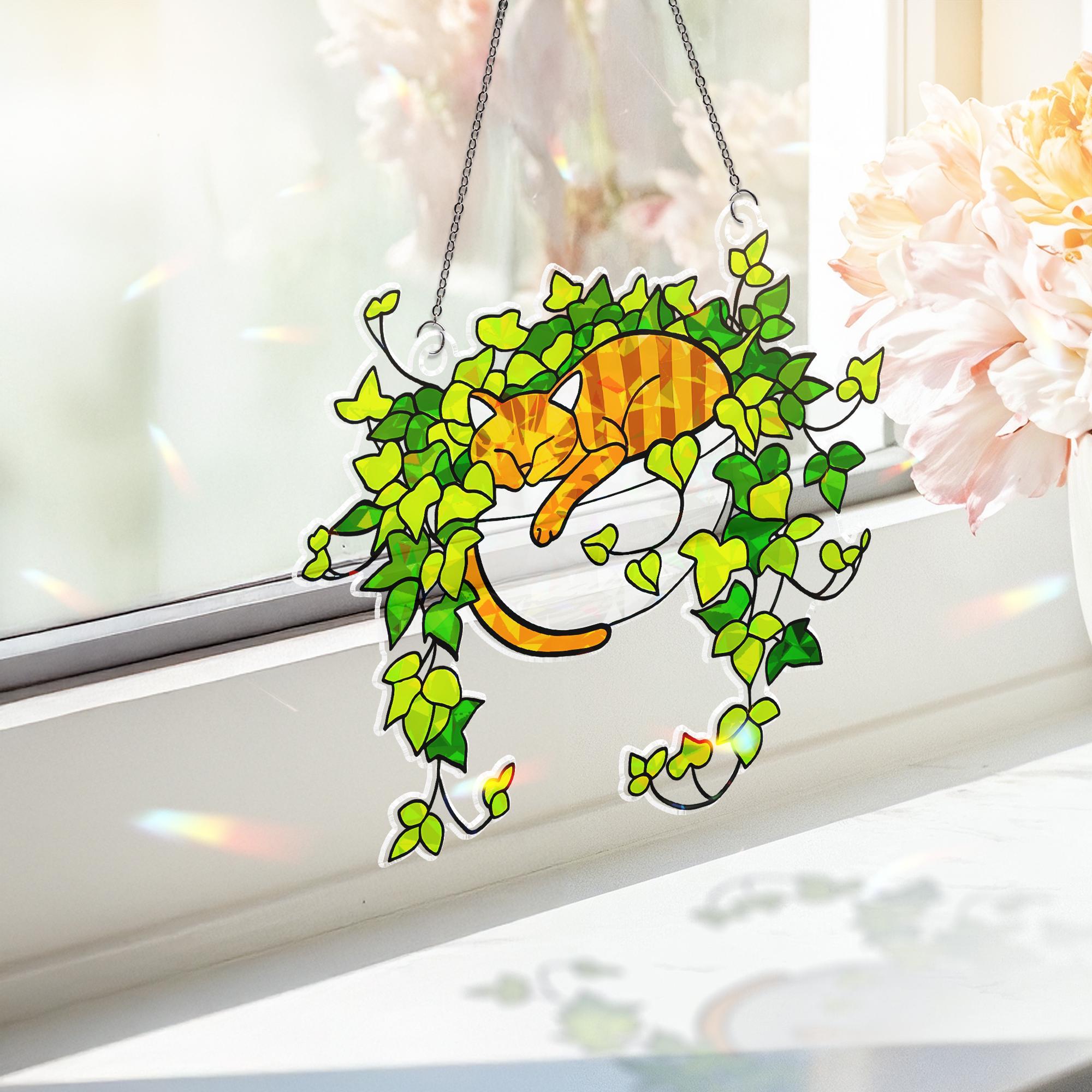 Orange Cat Sleeping on Ivy Hologram Ornament | Cat ACRYLIC Window Hanging | Plant Lover Gift, Ivy Plants Decor, Cozy Cat Decor, Gift For Mom