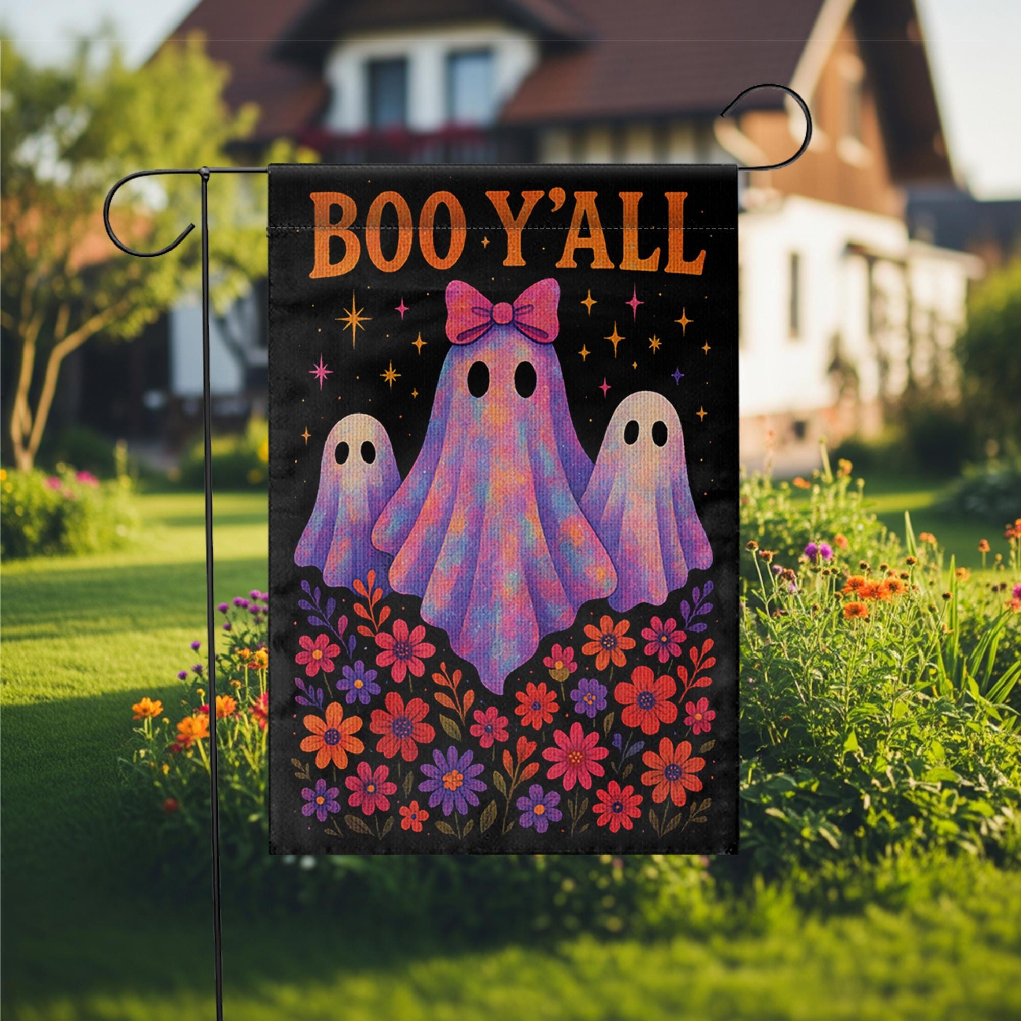 Boo Y'all Halloween Garden Flag, Cute Ghost Yard Decor, Southern Spooky Fall Flag, Floral Halloween Porch Sign, Outdoor Decoration