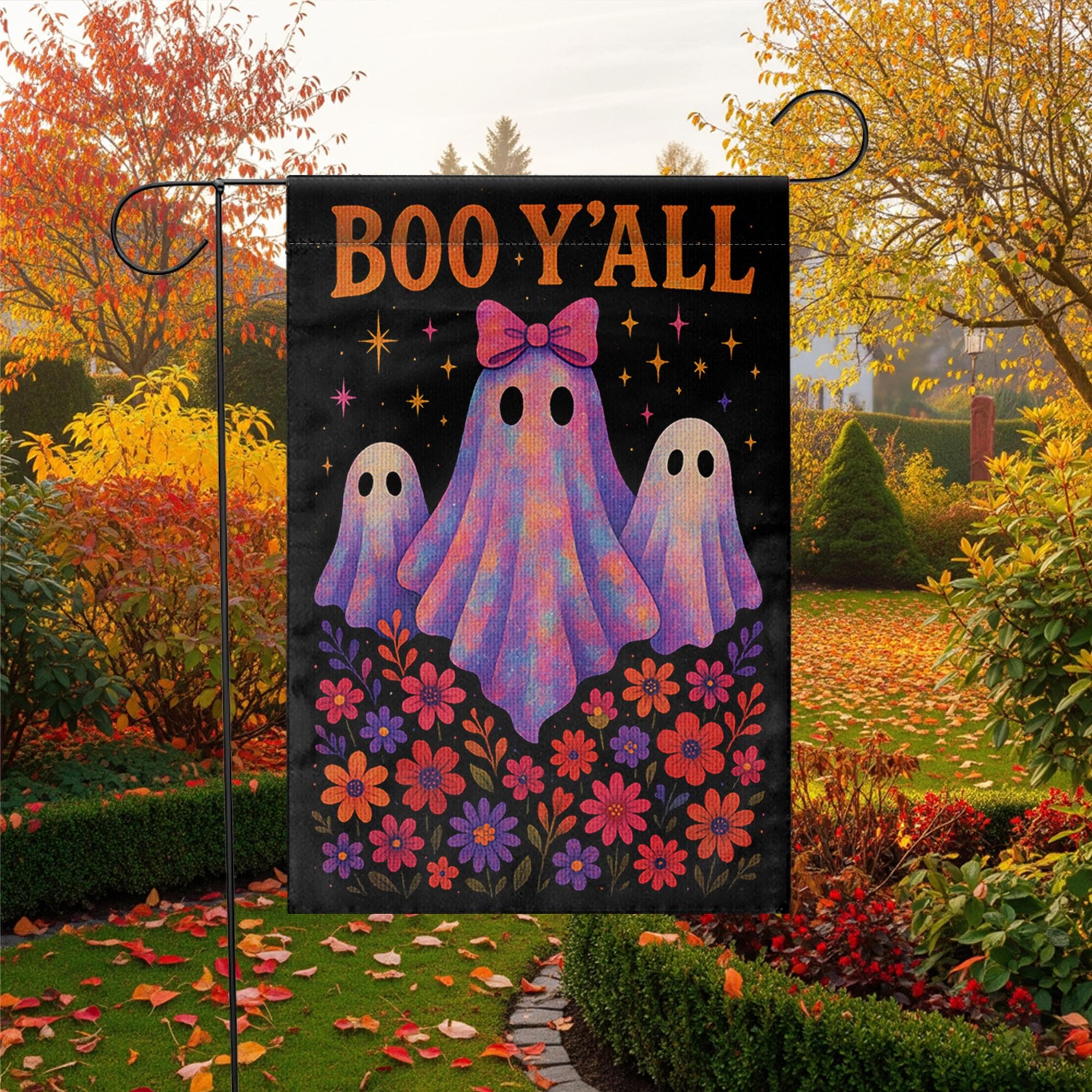 Boo Y'all Halloween Garden Flag, Cute Ghost Yard Decor, Southern Spooky Fall Flag, Floral Halloween Porch Sign, Outdoor Decoration