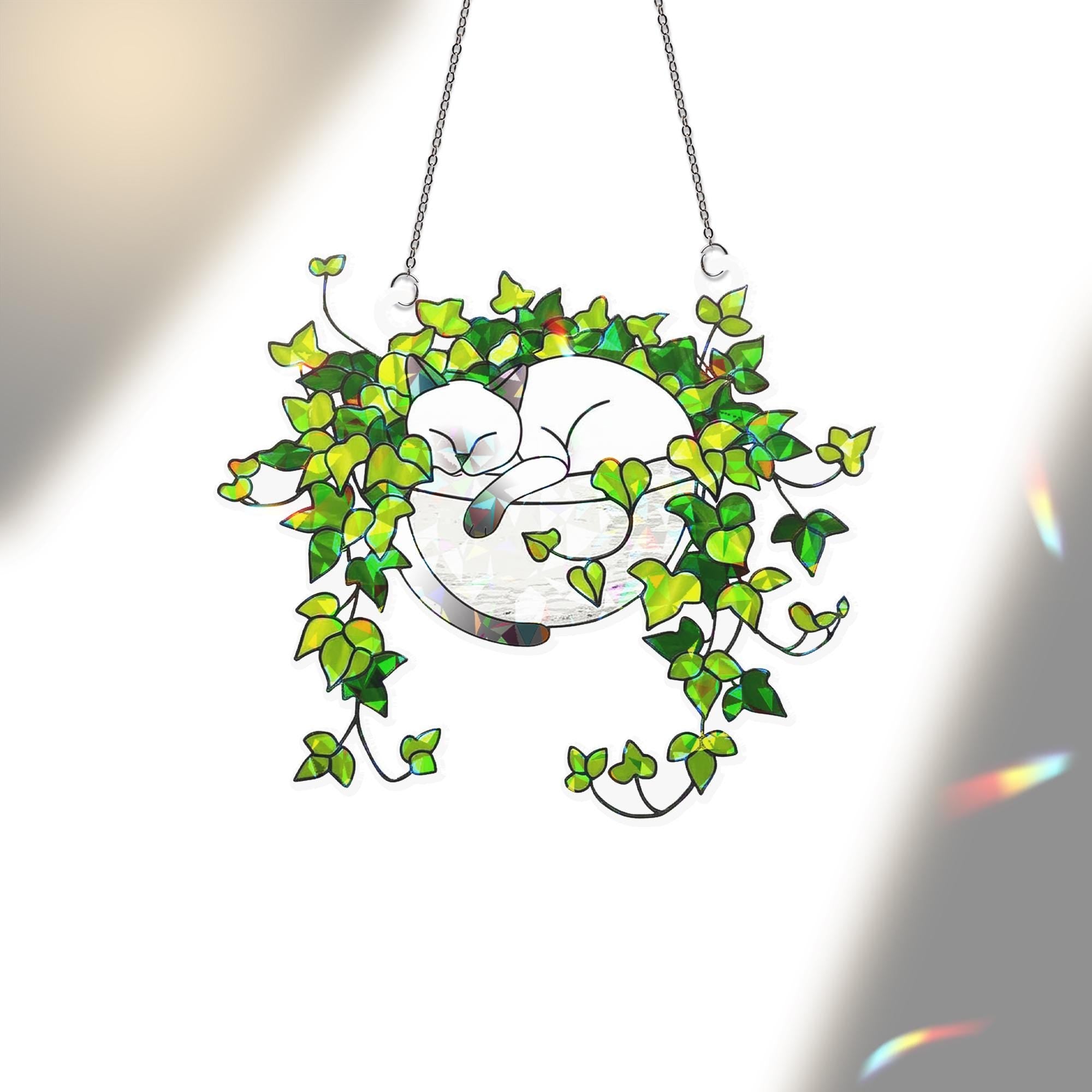 Siamese Cat Sleeping on Ivy Hologram Ornament | Cat ACRYLIC Window Hanging, Plant Lover Gift, Ivy Plants Decor, Cozy Cat Decor, Gift For Mom