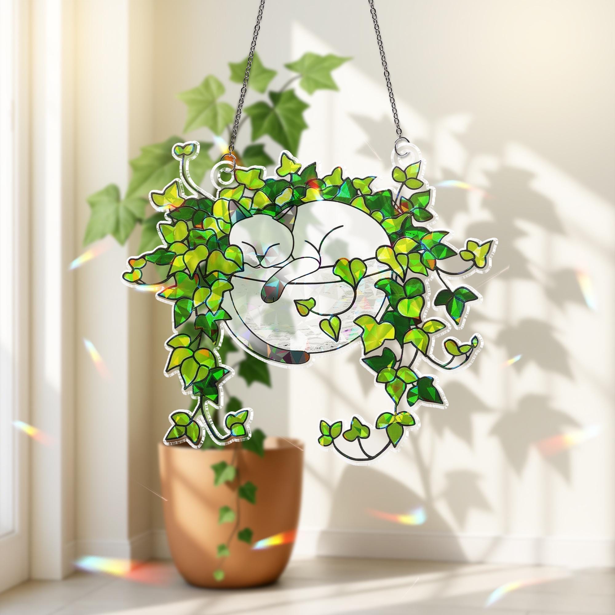 Siamese Cat Sleeping on Ivy Hologram Ornament | Cat ACRYLIC Window Hanging, Plant Lover Gift, Ivy Plants Decor, Cozy Cat Decor, Gift For Mom