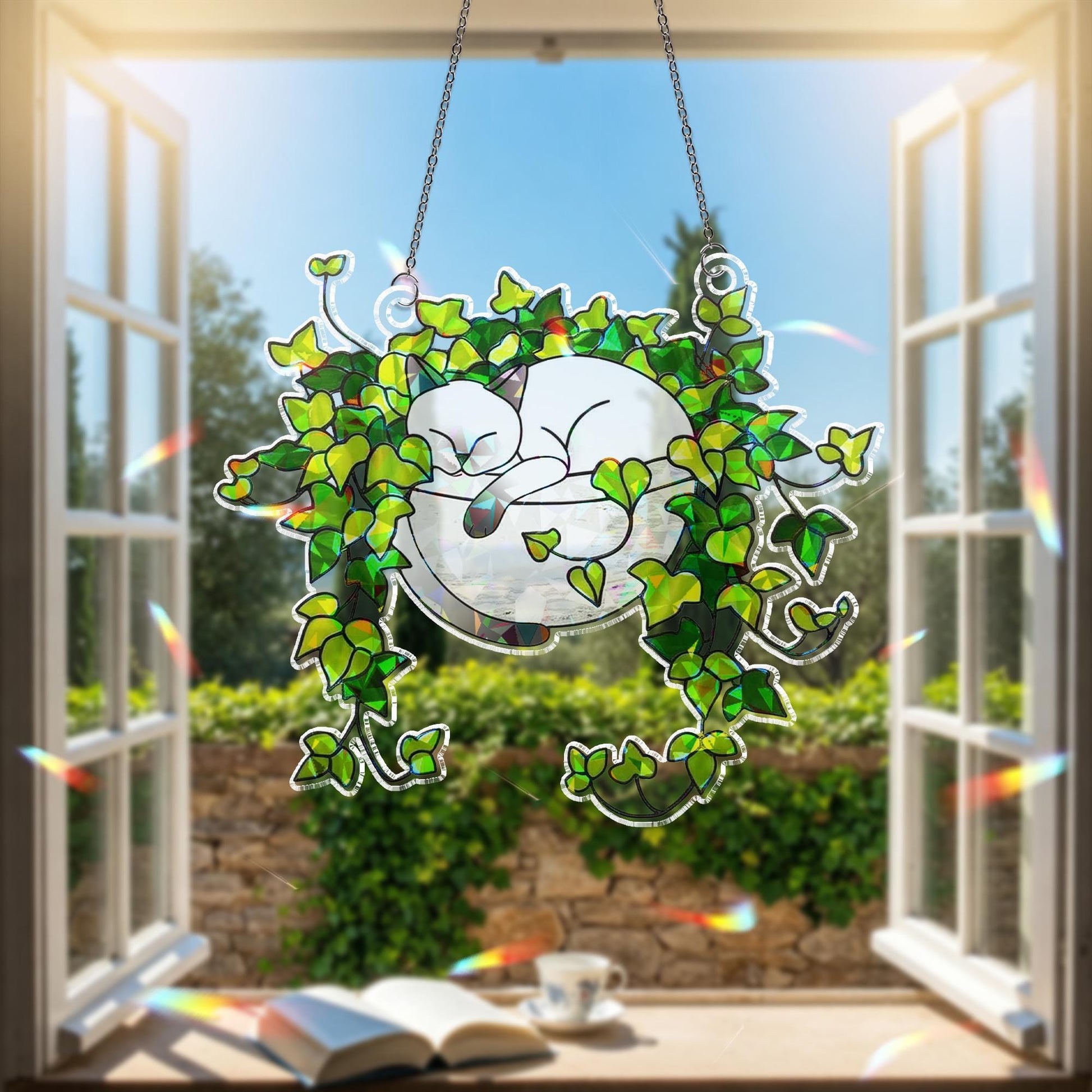 Siamese Cat Sleeping on Ivy Hologram Ornament | Cat ACRYLIC Window Hanging, Plant Lover Gift, Ivy Plants Decor, Cozy Cat Decor, Gift For Mom