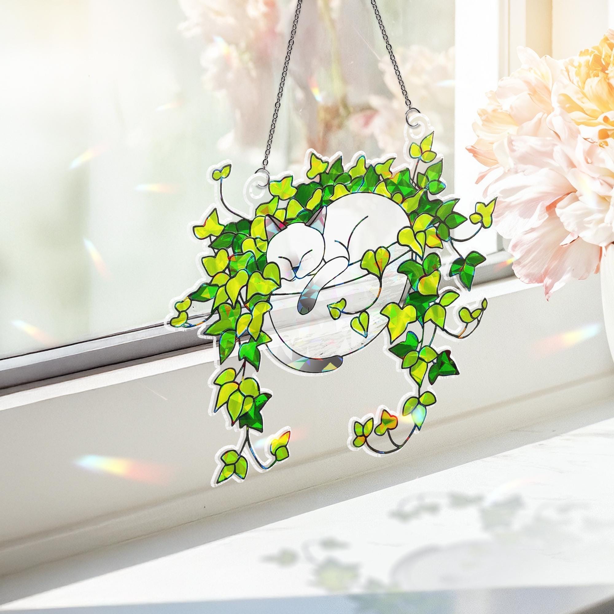 Siamese Cat Sleeping on Ivy Hologram Ornament | Cat ACRYLIC Window Hanging, Plant Lover Gift, Ivy Plants Decor, Cozy Cat Decor, Gift For Mom