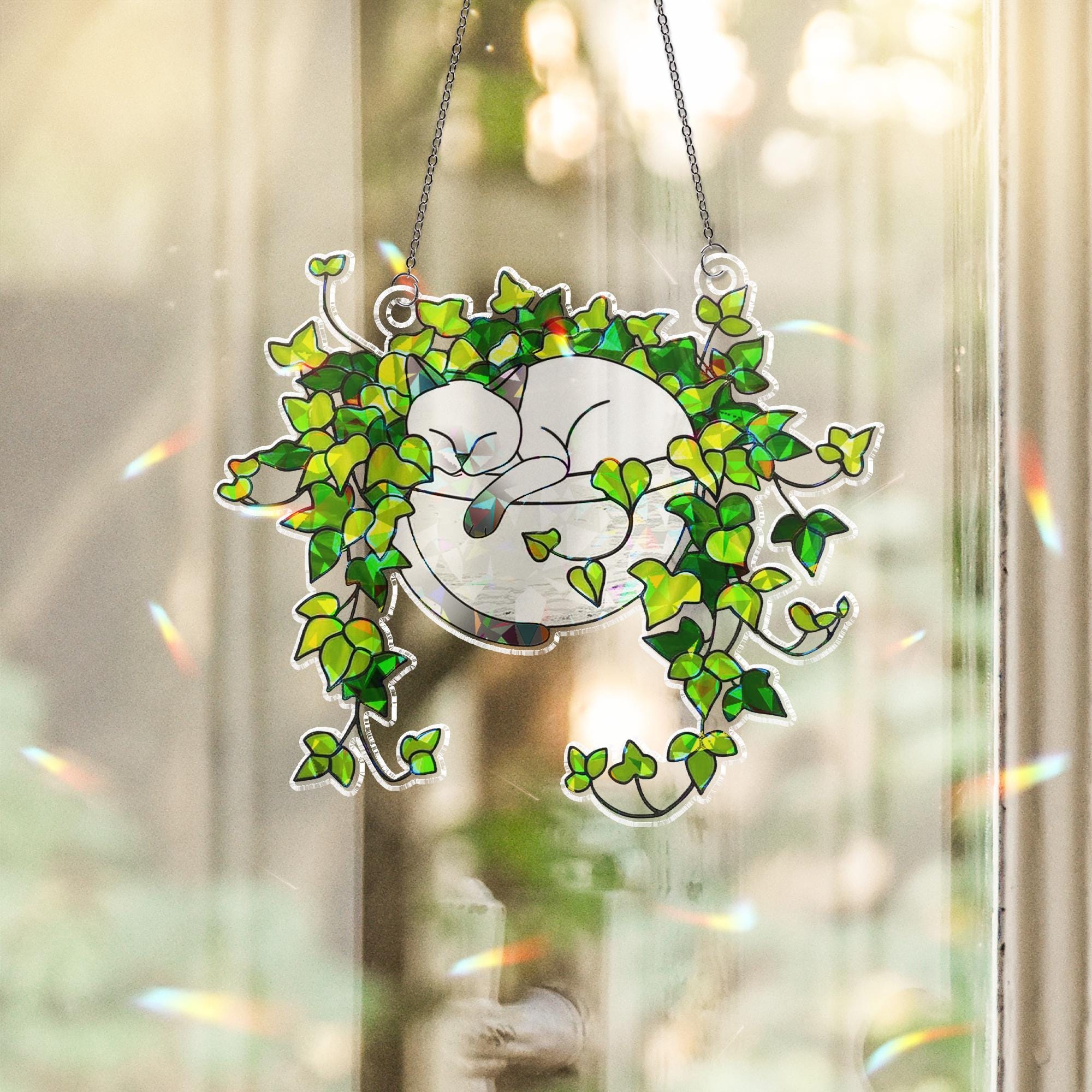 Siamese Cat Sleeping on Ivy Hologram Ornament | Cat ACRYLIC Window Hanging, Plant Lover Gift, Ivy Plants Decor, Cozy Cat Decor, Gift For Mom
