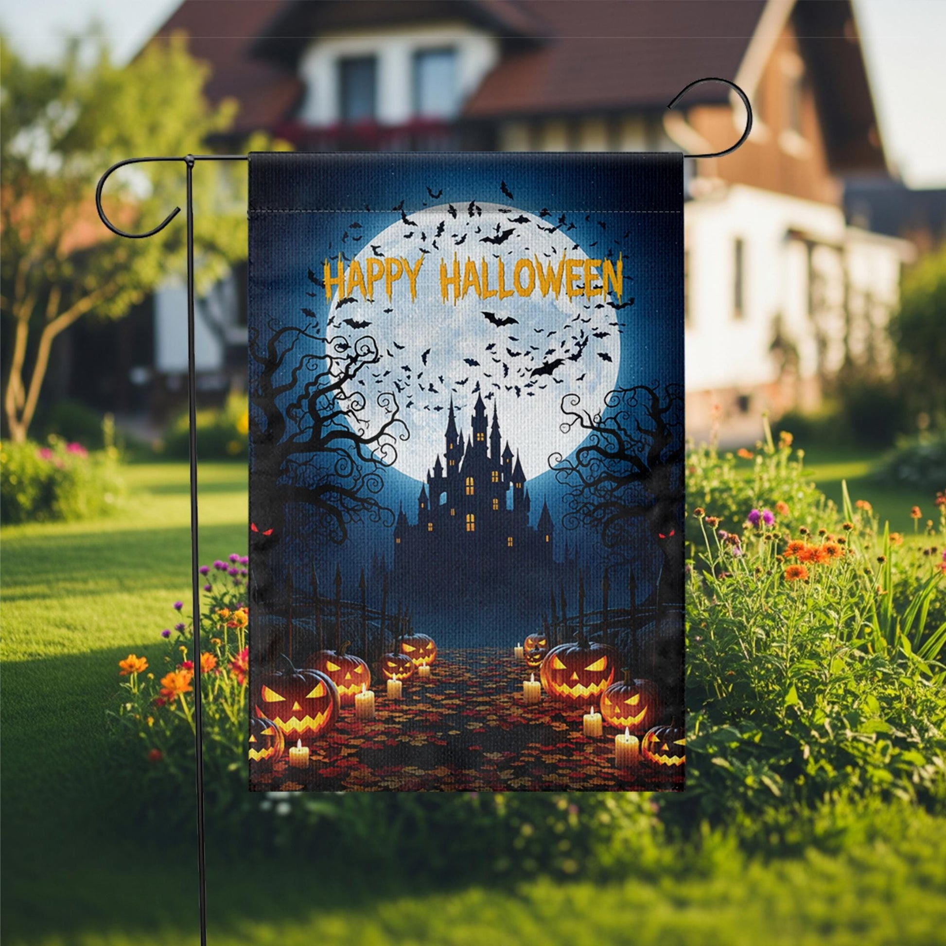 Happy Halloween Garden Flag | Haunted Castle Yard Decor | Spooky Pumpkin Outdoor Sign | Scary Fall Porch Decoration