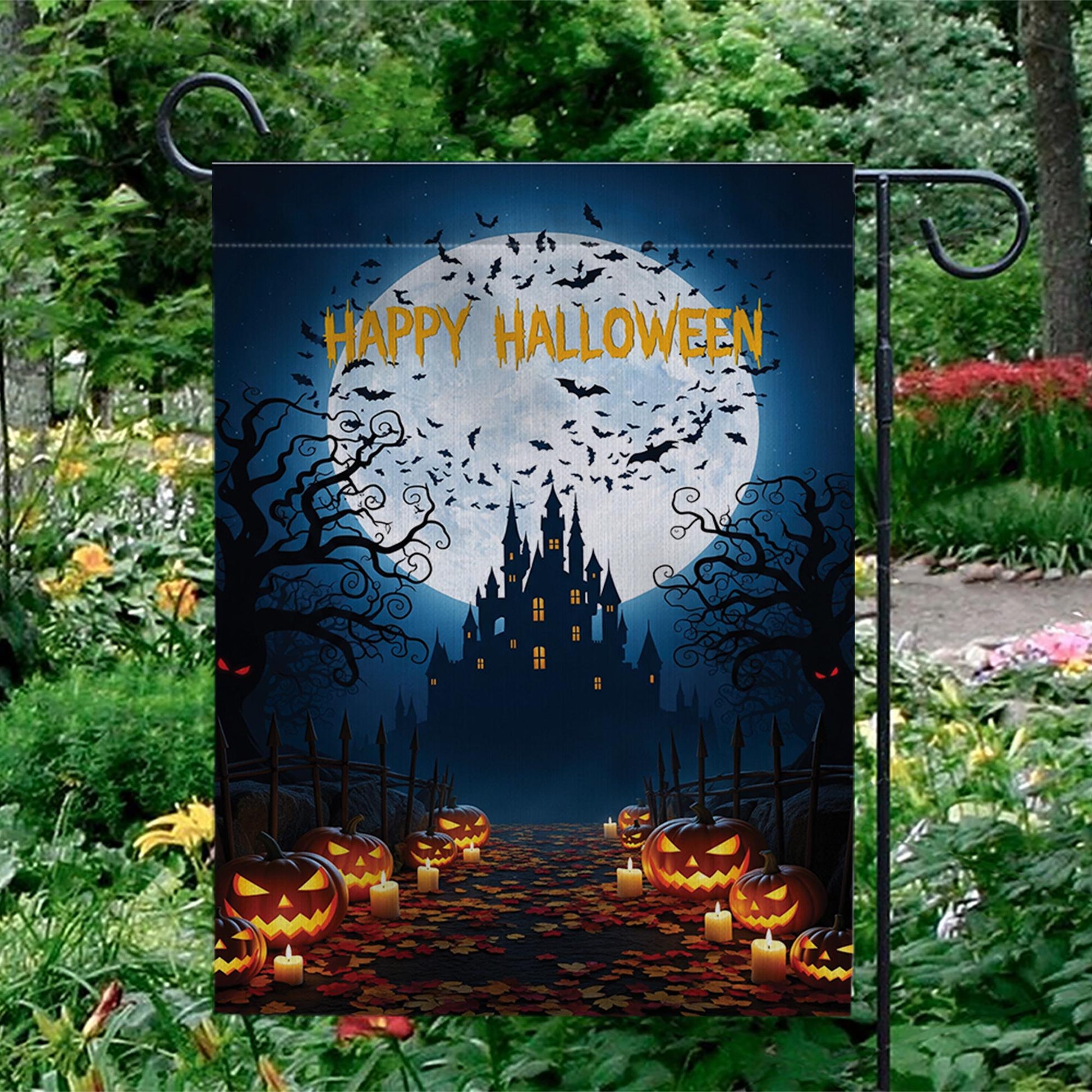 Happy Halloween Garden Flag | Haunted Castle Yard Decor | Spooky Pumpkin Outdoor Sign | Scary Fall Porch Decoration