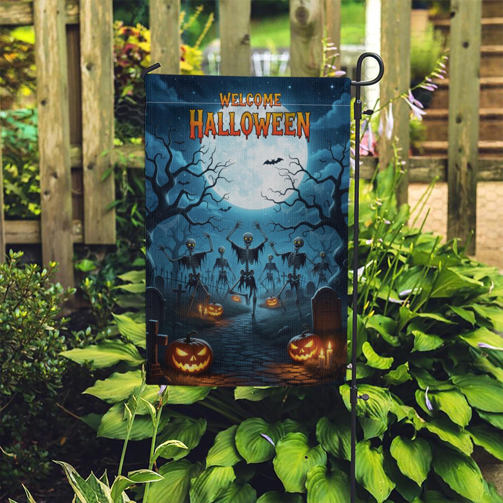 Welcome Halloween Garden Flag | Skeleton Graveyard Yard Decor | Spooky Outdoor Halloween Sign | Scary Fall Porch Flag