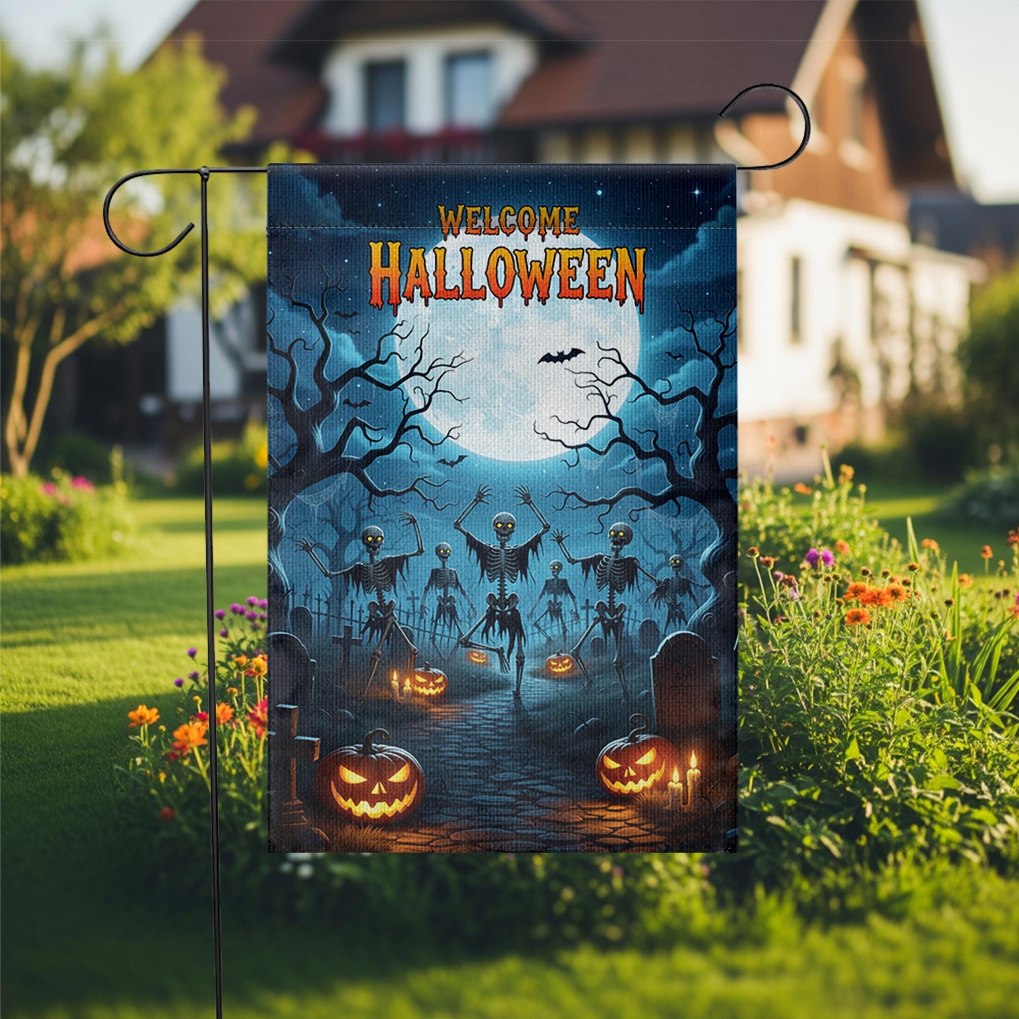 Welcome Halloween Garden Flag | Skeleton Graveyard Yard Decor | Spooky Outdoor Halloween Sign | Scary Fall Porch Flag