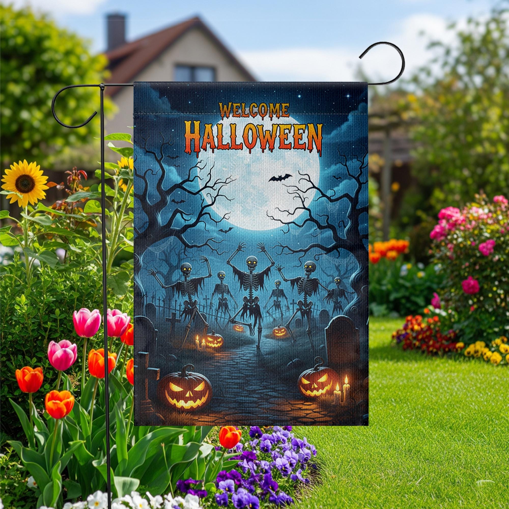 Welcome Halloween Garden Flag | Skeleton Graveyard Yard Decor | Spooky Outdoor Halloween Sign | Scary Fall Porch Flag
