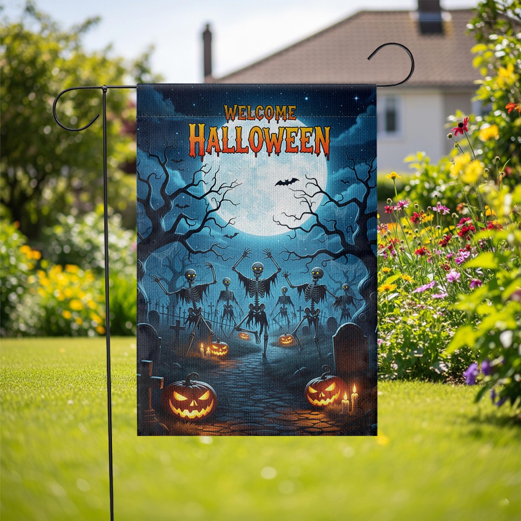Welcome Halloween Garden Flag | Skeleton Graveyard Yard Decor | Spooky Outdoor Halloween Sign | Scary Fall Porch Flag