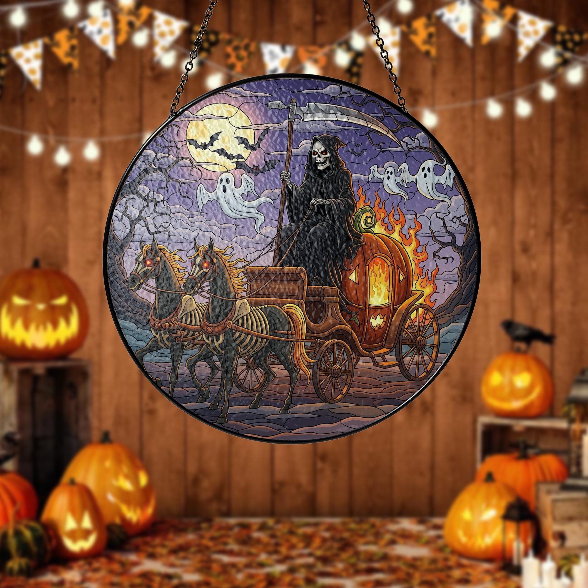 Grim Reaper Halloween Suncatcher | Pumpkin Carriage Stained Glass Decor | Spooky Window Hanging | Gothic Halloween Ornament