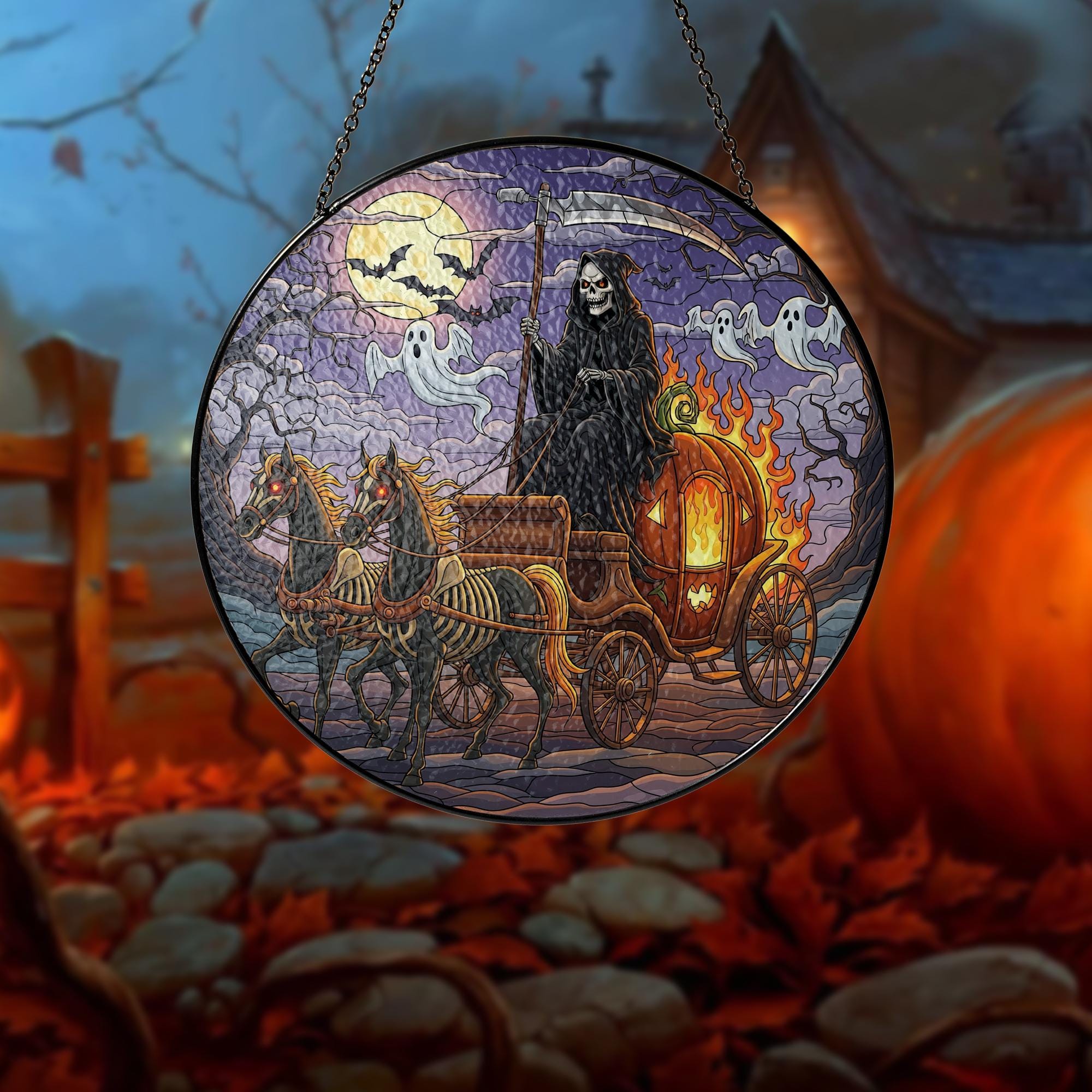 Grim Reaper Halloween Suncatcher | Pumpkin Carriage Stained Glass Decor | Spooky Window Hanging | Gothic Halloween Ornament