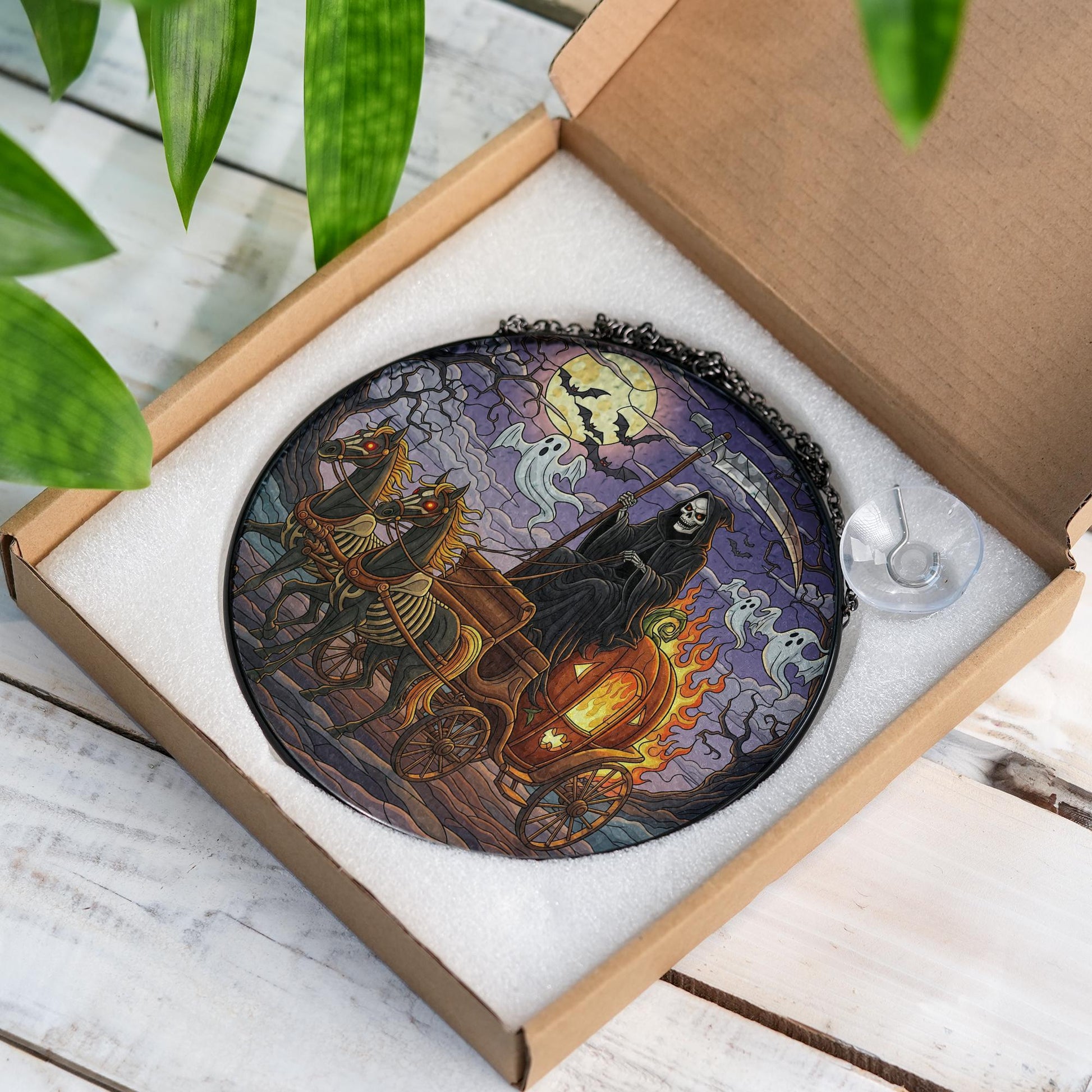 Grim Reaper Halloween Suncatcher | Pumpkin Carriage Stained Glass Decor | Spooky Window Hanging | Gothic Halloween Ornament