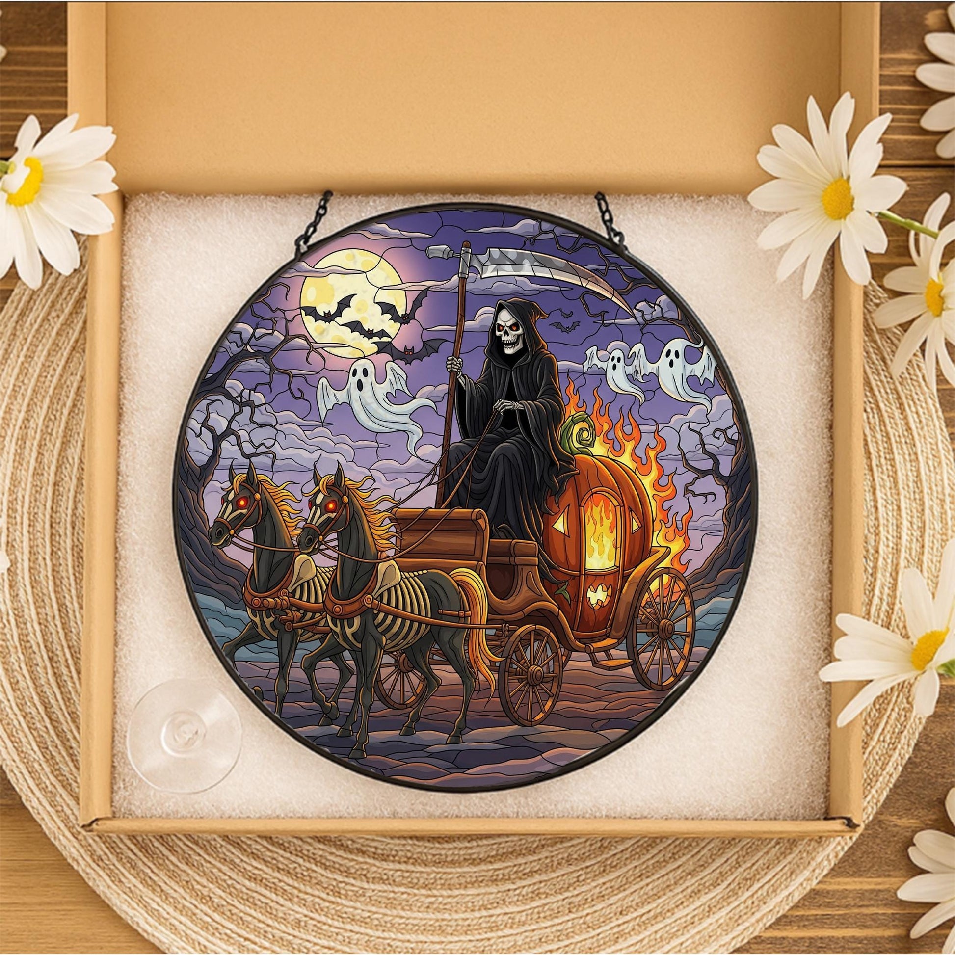 Grim Reaper Halloween Suncatcher | Pumpkin Carriage Stained Glass Decor | Spooky Window Hanging | Gothic Halloween Ornament