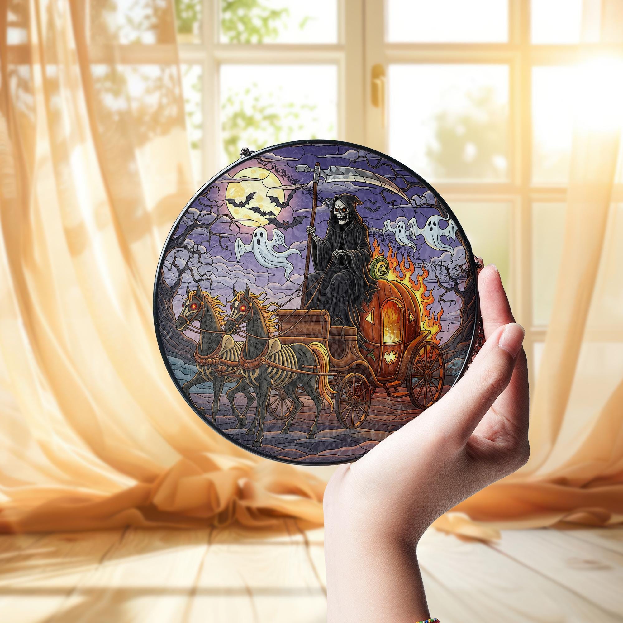 Grim Reaper Halloween Suncatcher | Pumpkin Carriage Stained Glass Decor | Spooky Window Hanging | Gothic Halloween Ornament