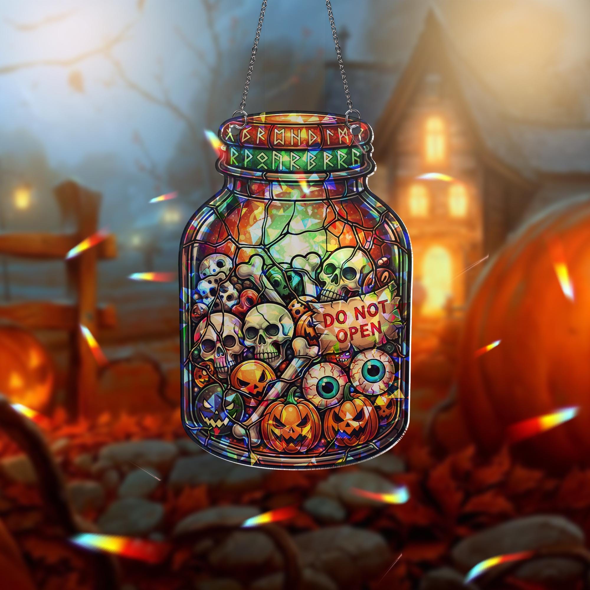 Halloween Jar Stained Glass Suncatcher | Spooky Skull Pumpkin Eyeball Decor | Creepy Window Hanging Ornament
