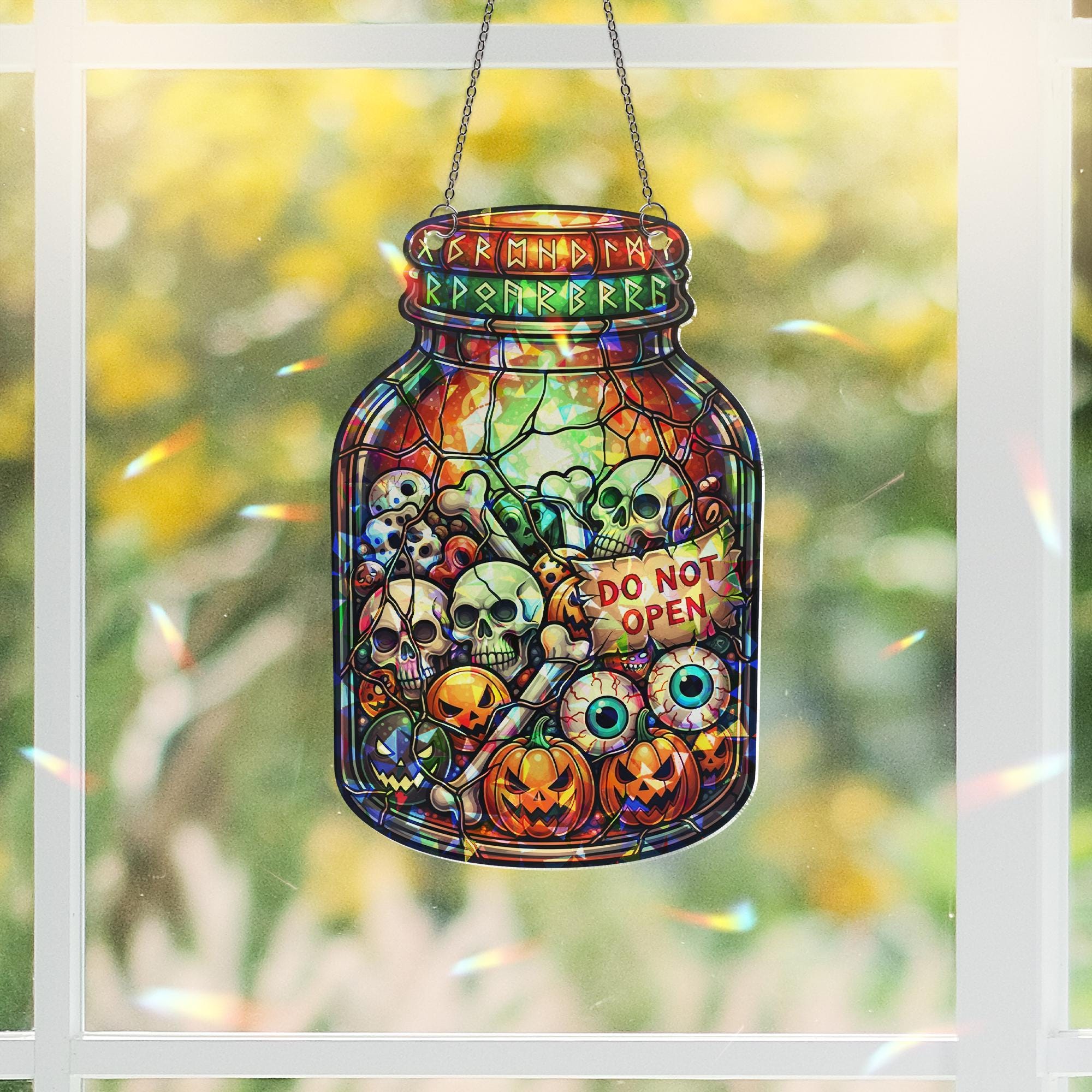 Halloween Jar Stained Glass Suncatcher | Spooky Skull Pumpkin Eyeball Decor | Creepy Window Hanging Ornament