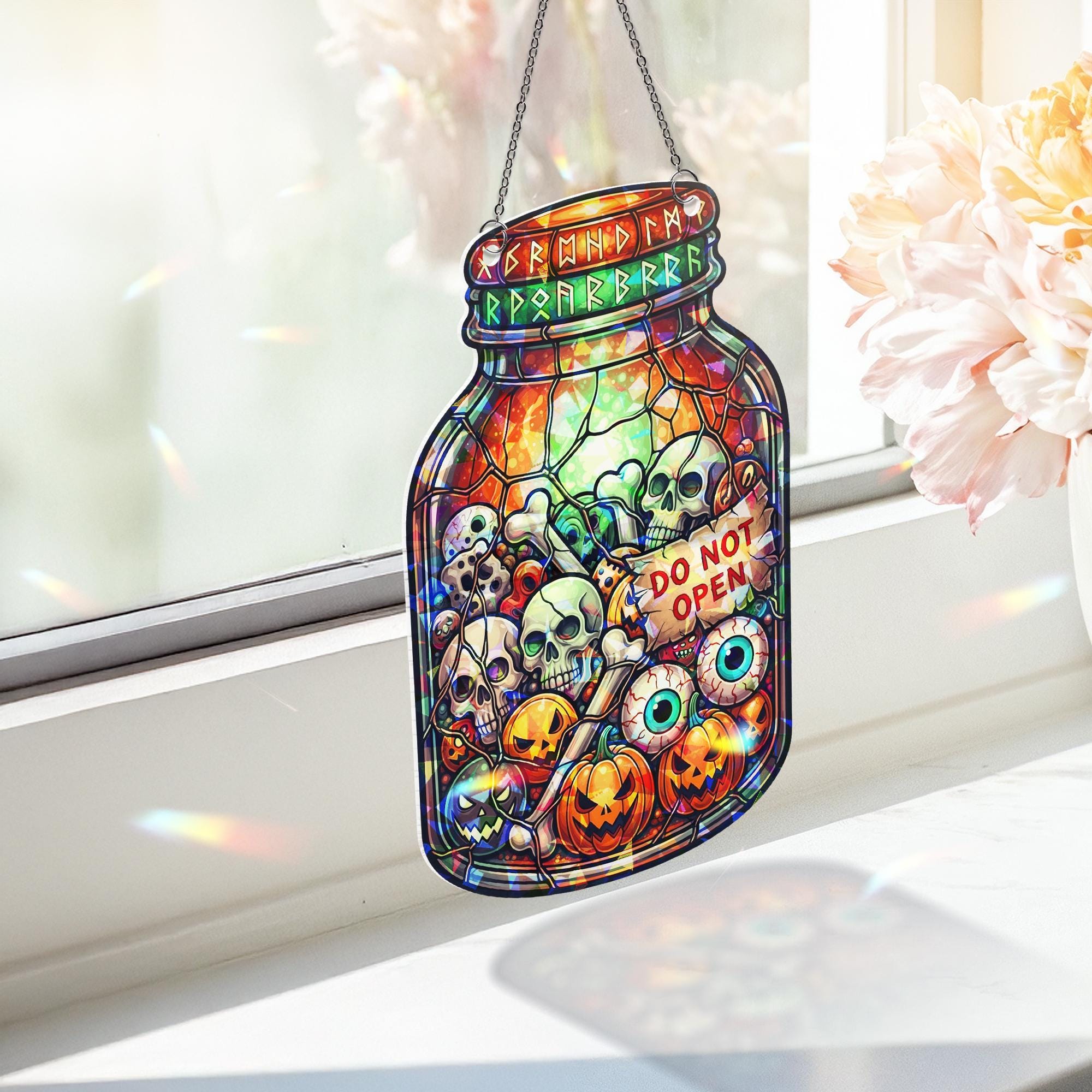 Halloween Jar Stained Glass Suncatcher | Spooky Skull Pumpkin Eyeball Decor | Creepy Window Hanging Ornament