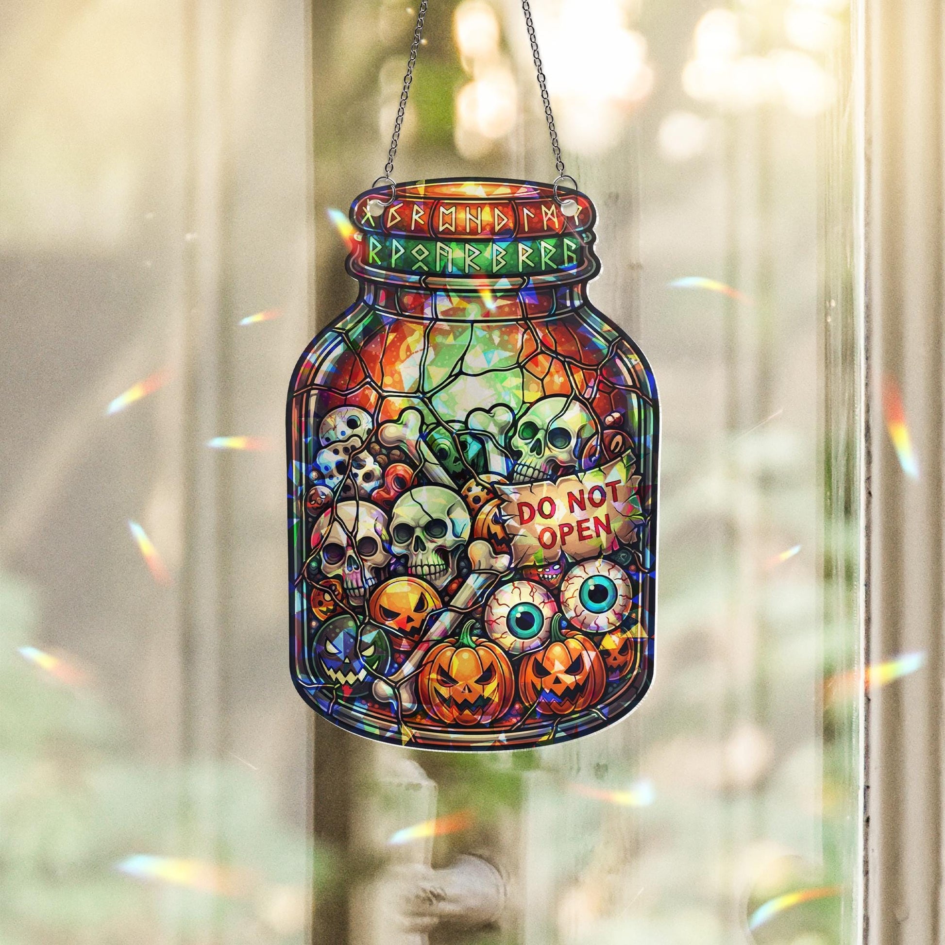 Halloween Jar Stained Glass Suncatcher | Spooky Skull Pumpkin Eyeball Decor | Creepy Window Hanging Ornament