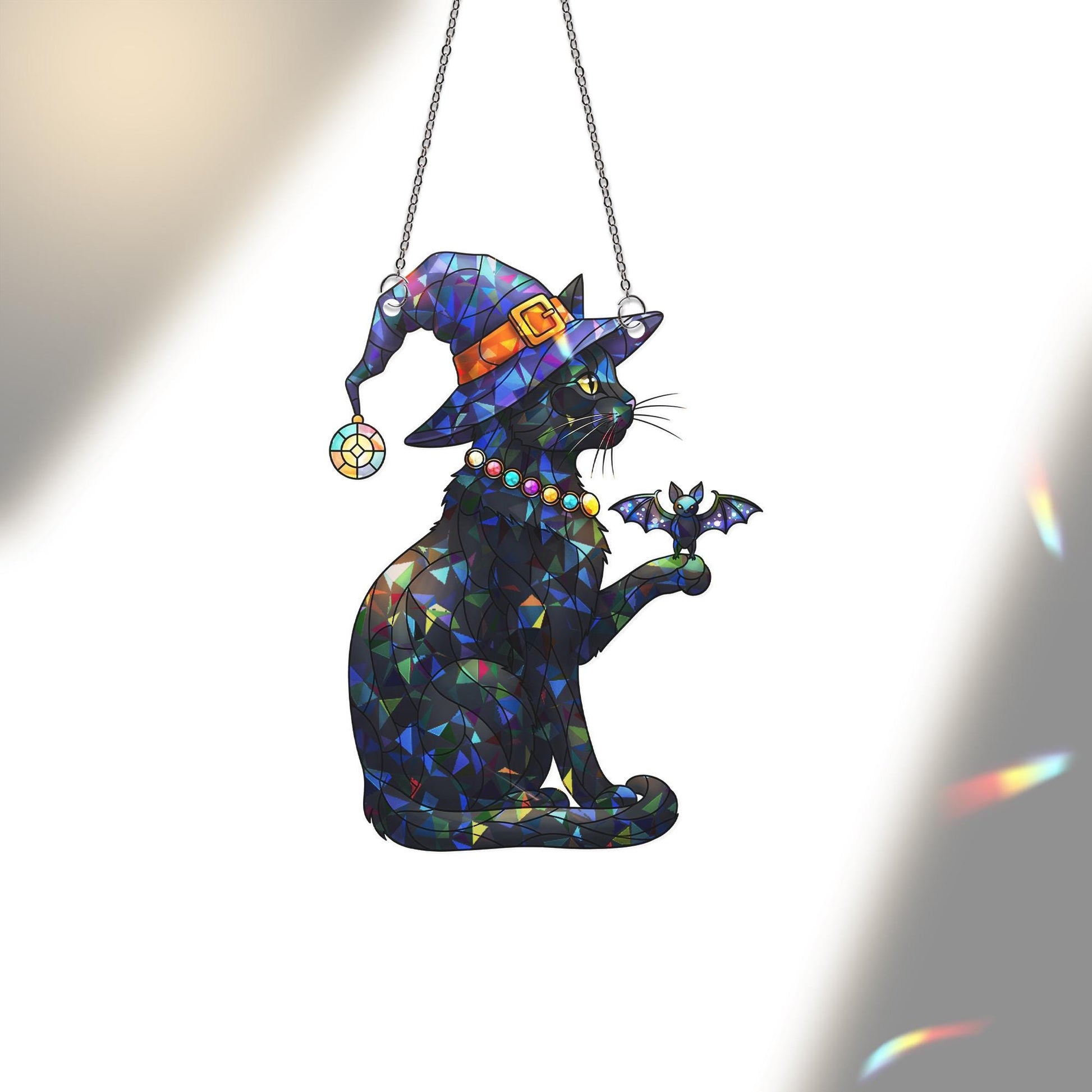 Halloween Black Cat Stained Glass Suncatcher | Witch Hat Cat Window Hanging | Gothic Bat Cat Ornament
