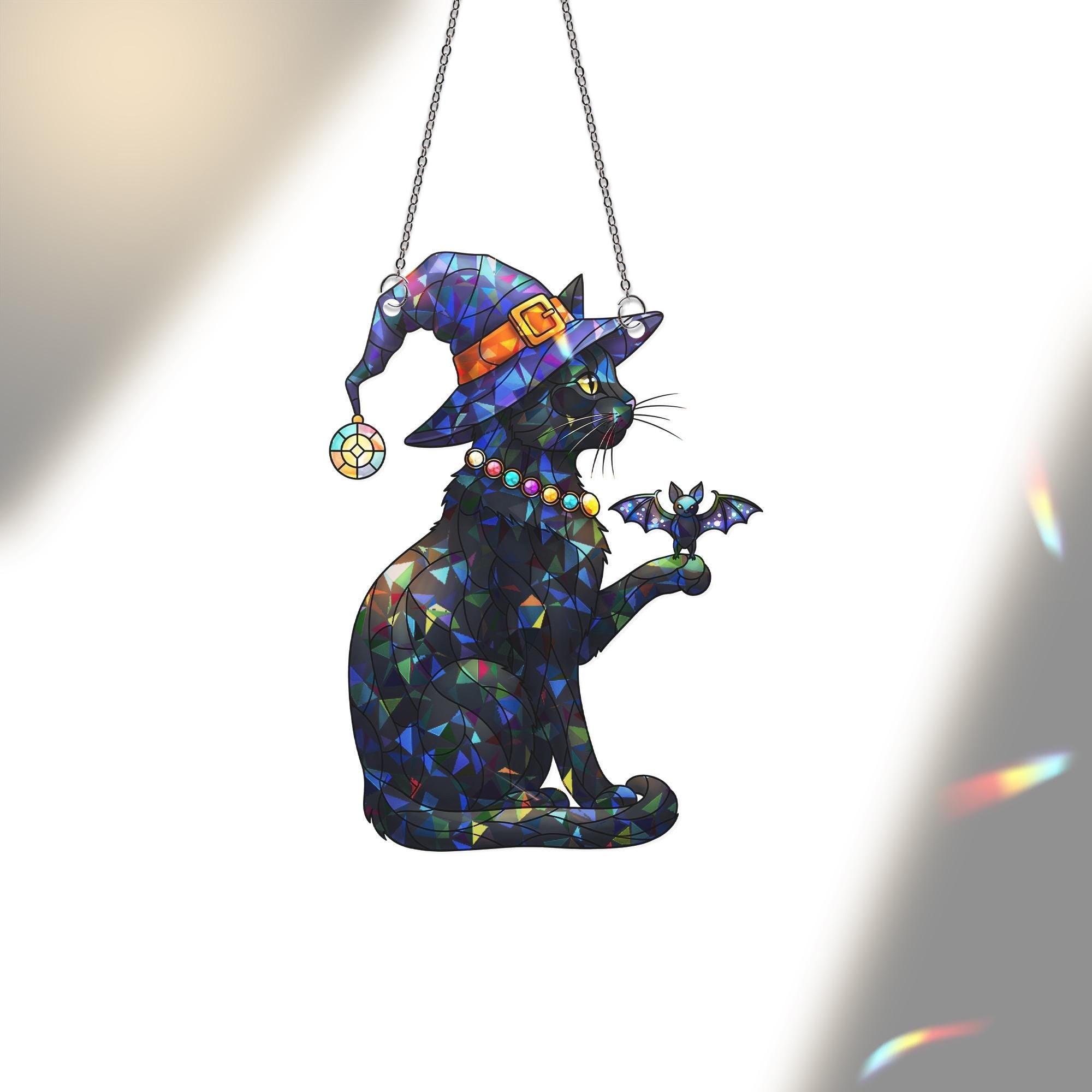 Halloween Black Cat Stained Glass Suncatcher | Witch Hat Cat Window Hanging | Gothic Bat Cat Ornament