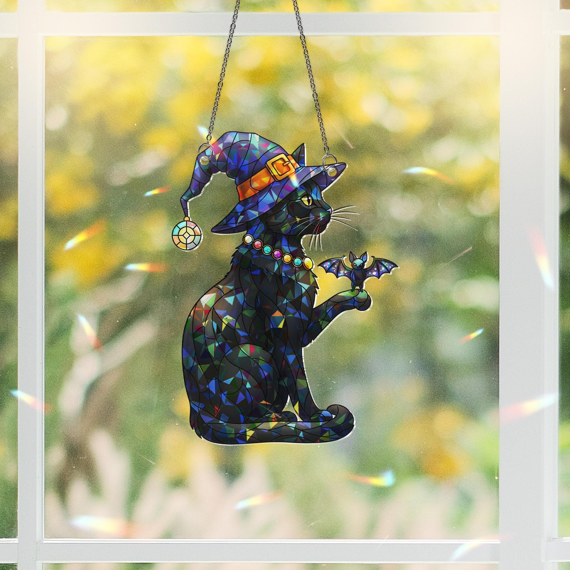 Halloween Black Cat Stained Glass Suncatcher | Witch Hat Cat Window Hanging | Gothic Bat Cat Ornament