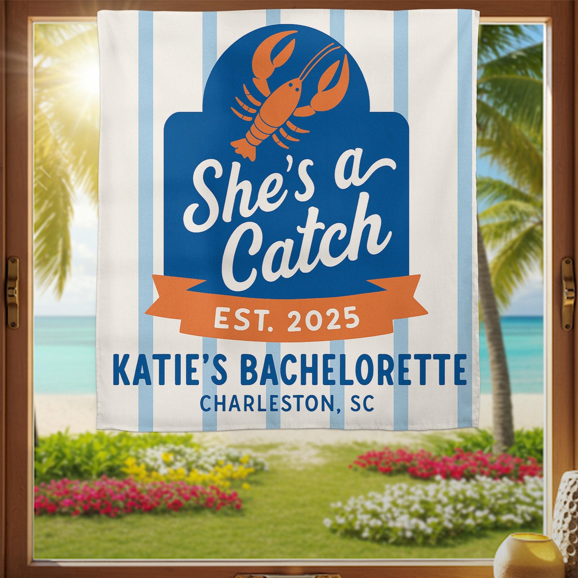 She's a Catch Bachelorette Tapestry | Nautical Lobster Theme Party Decor | Custom Bride Sign for Beach or Charleston Celebration, Bach Gift
