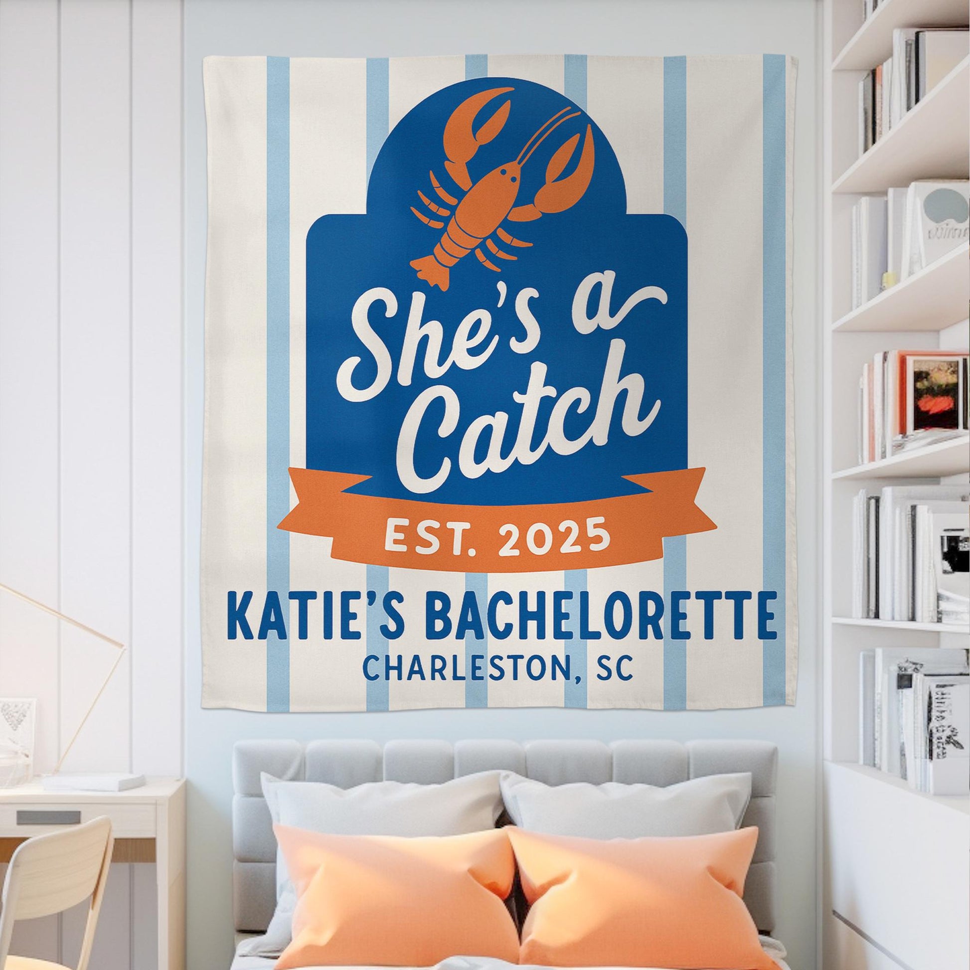 She's a Catch Bachelorette Tapestry | Nautical Lobster Theme Party Decor | Custom Bride Sign for Beach or Charleston Celebration, Bach Gift
