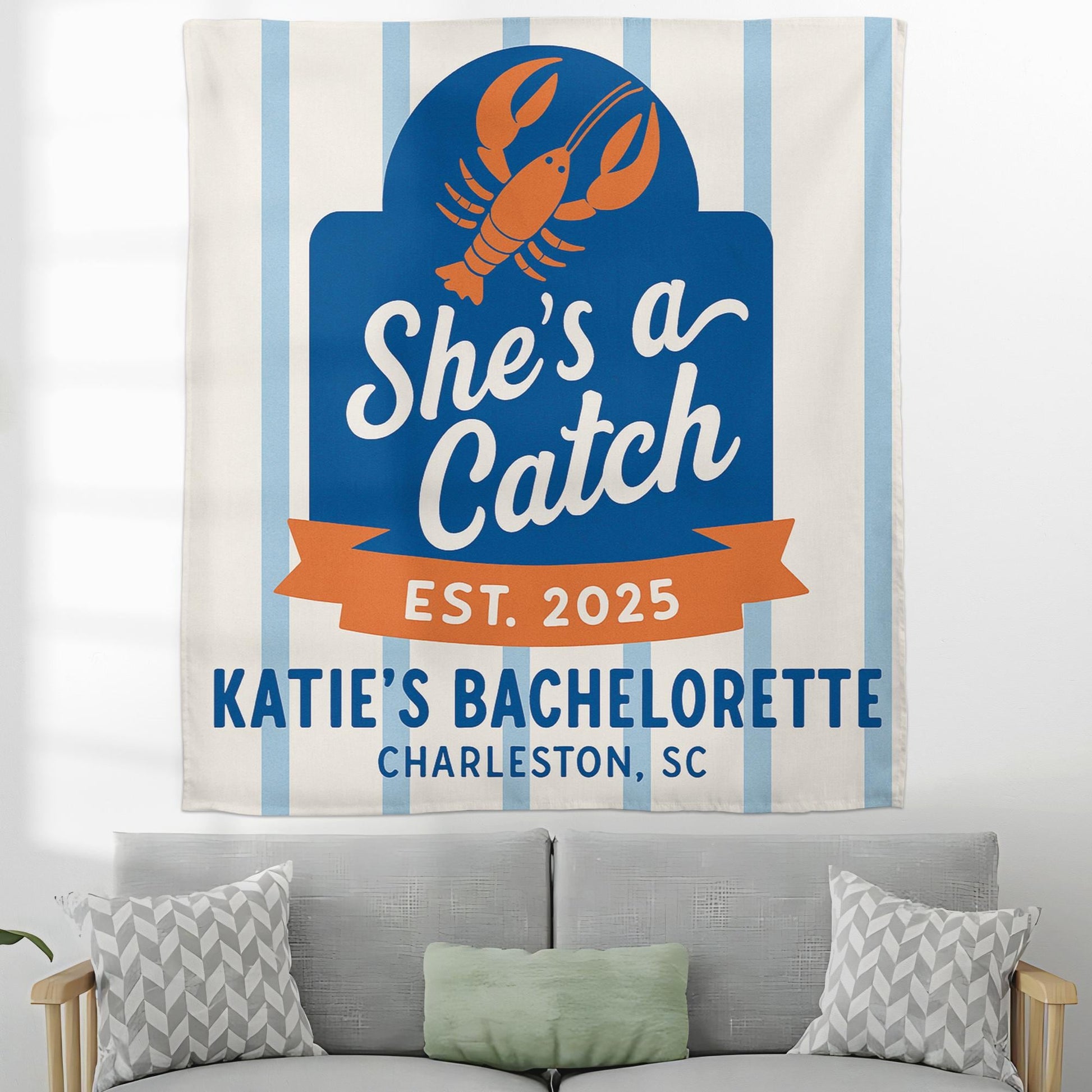 She's a Catch Bachelorette Tapestry | Nautical Lobster Theme Party Decor | Custom Bride Sign for Beach or Charleston Celebration, Bach Gift