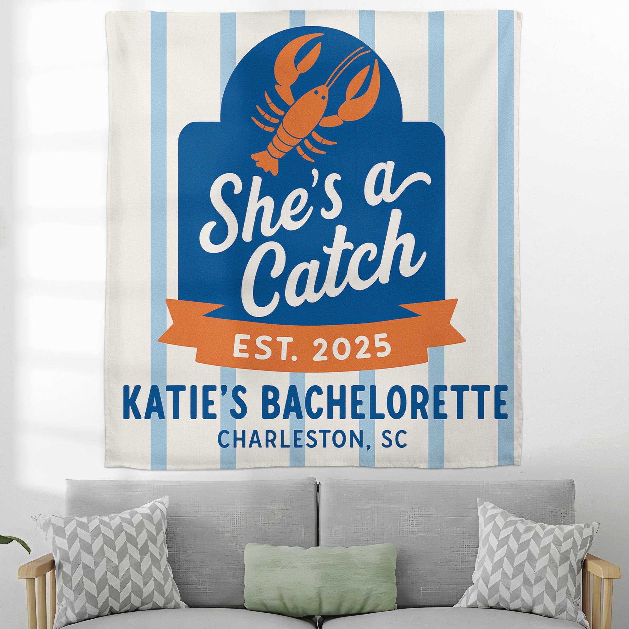 She's a Catch Bachelorette Tapestry | Nautical Lobster Theme Party Decor | Custom Bride Sign for Beach or Charleston Celebration, Bach Gift