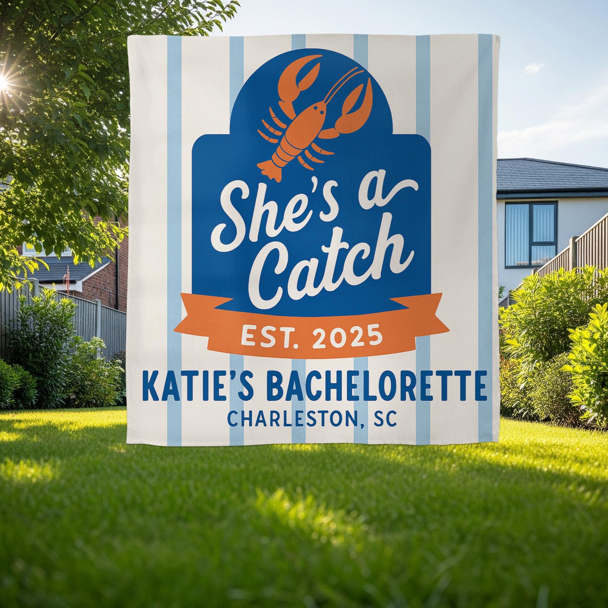 She's a Catch Bachelorette Tapestry | Nautical Lobster Theme Party Decor | Custom Bride Sign for Beach or Charleston Celebration, Bach Gift