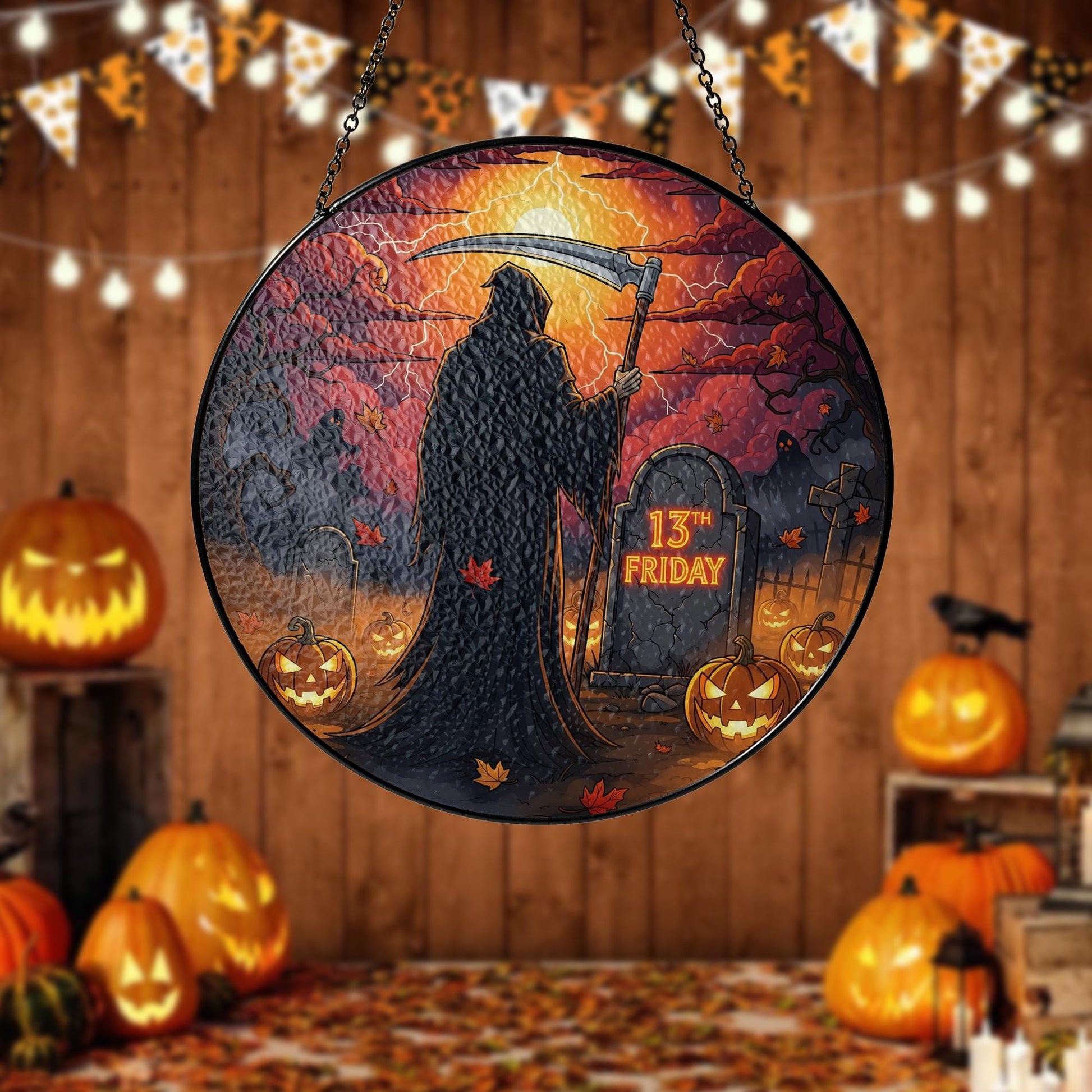 Grim Reaper 13th Friday Halloween Sign – Spooky Hanging Gothic Wall Decor – Friday the 13th Scary Autumn Plaque – Horror Home Decoration