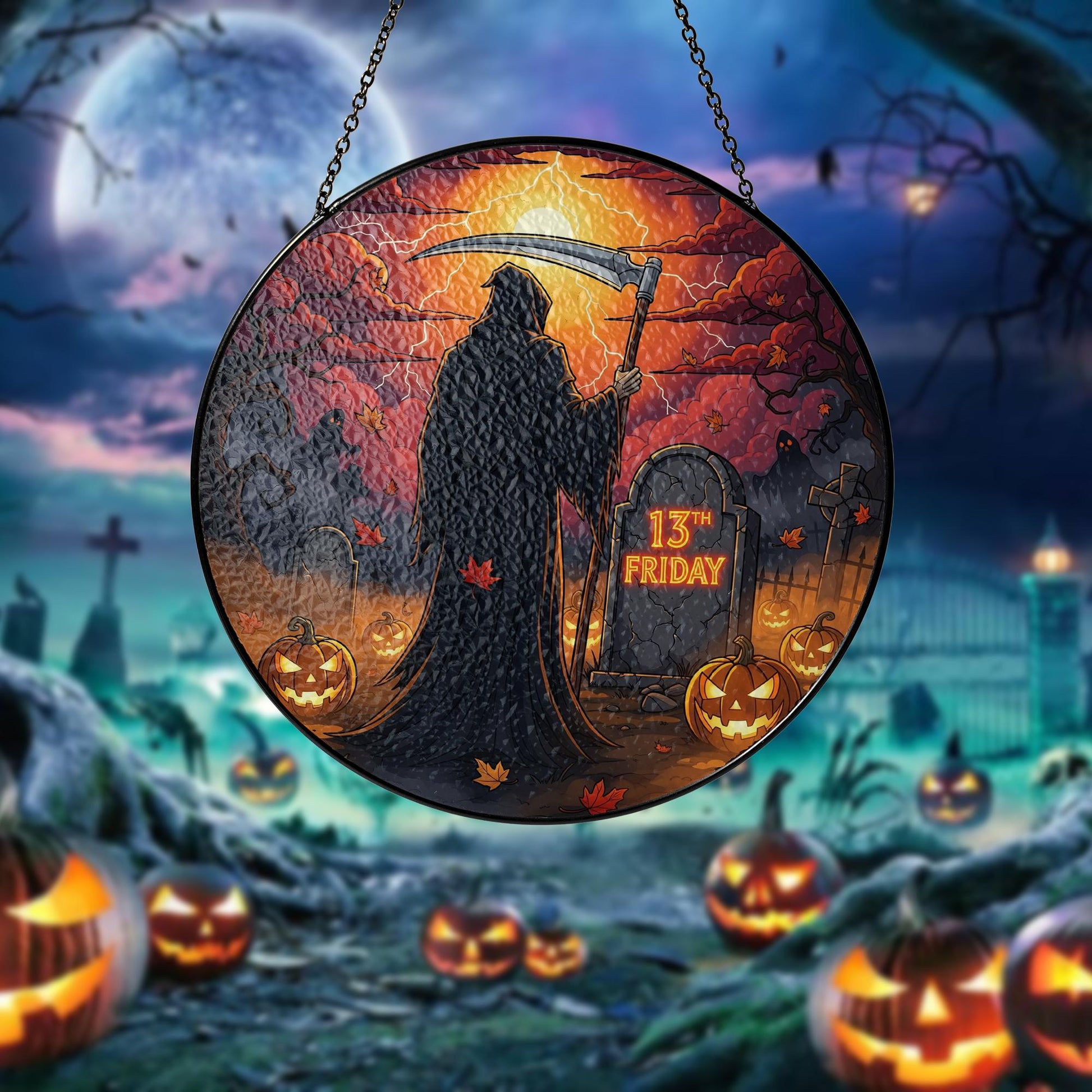 Grim Reaper 13th Friday Halloween Sign – Spooky Hanging Gothic Wall Decor – Friday the 13th Scary Autumn Plaque – Horror Home Decoration