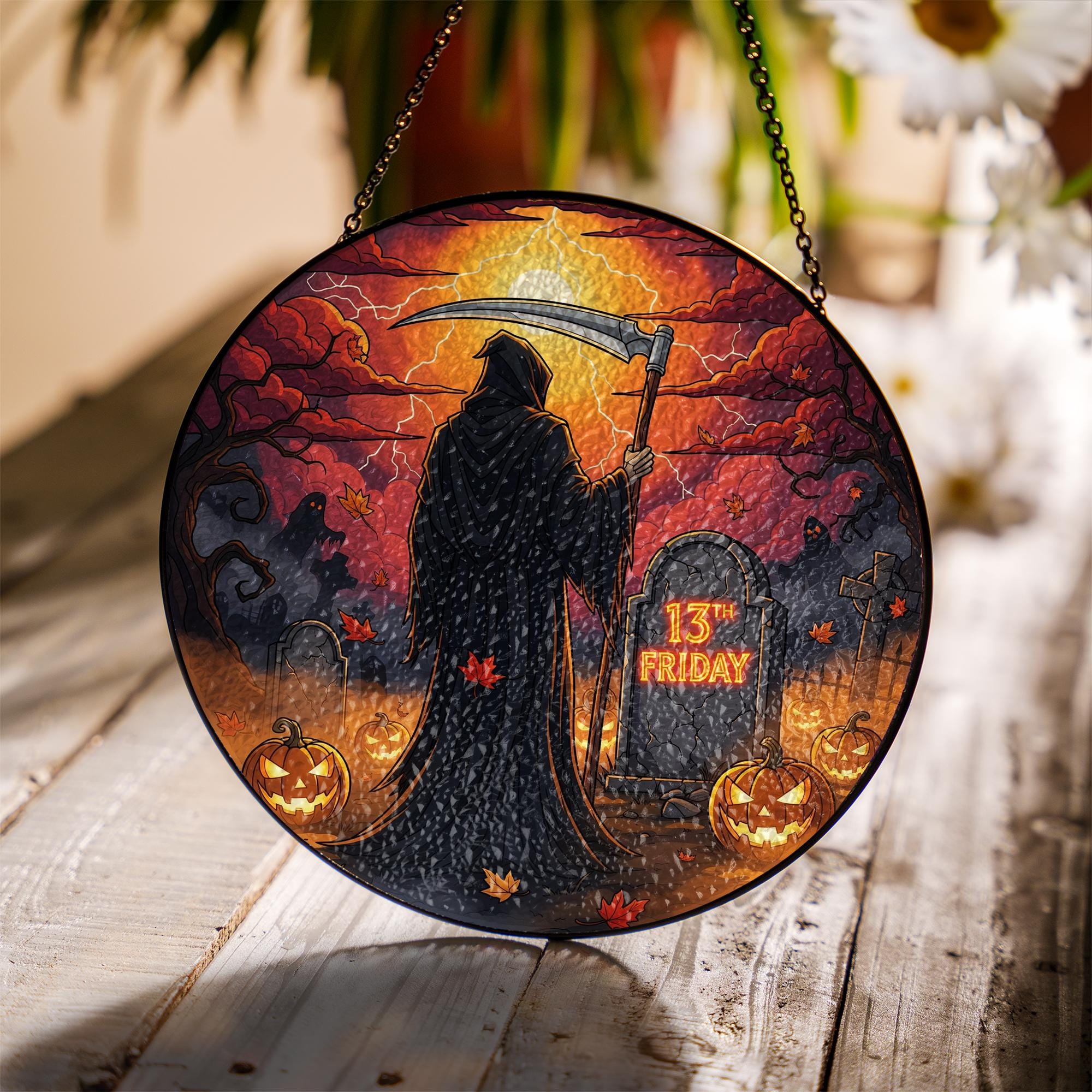 Grim Reaper 13th Friday Halloween Sign – Spooky Hanging Gothic Wall Decor – Friday the 13th Scary Autumn Plaque – Horror Home Decoration