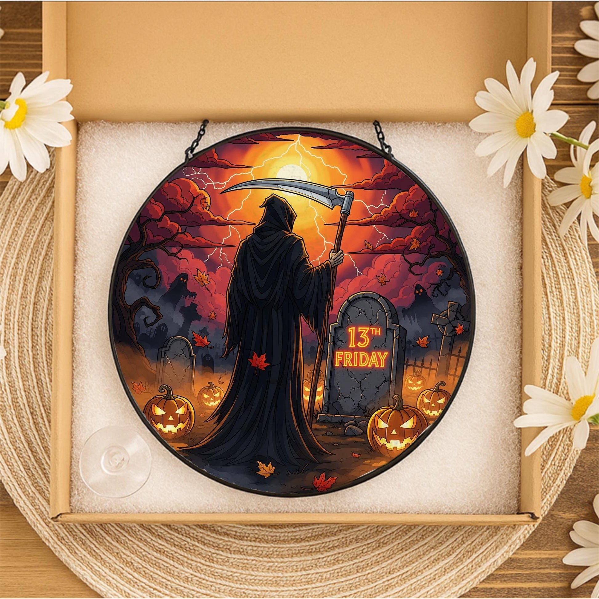Grim Reaper 13th Friday Halloween Sign – Spooky Hanging Gothic Wall Decor – Friday the 13th Scary Autumn Plaque – Horror Home Decoration