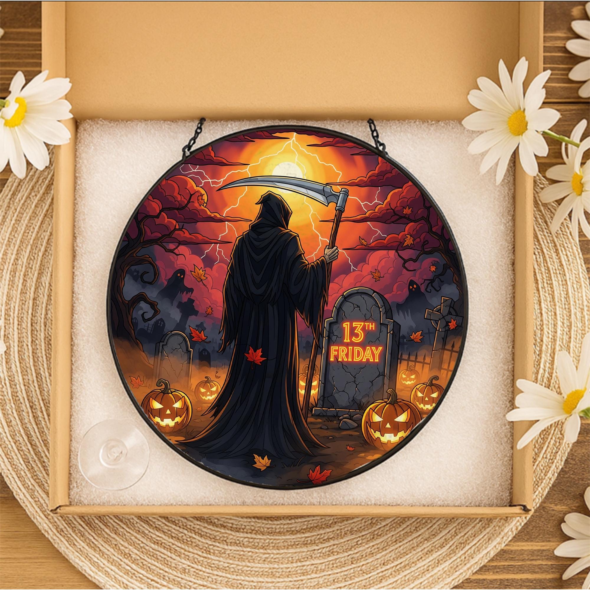 Grim Reaper 13th Friday Halloween Sign – Spooky Hanging Gothic Wall Decor – Friday the 13th Scary Autumn Plaque – Horror Home Decoration