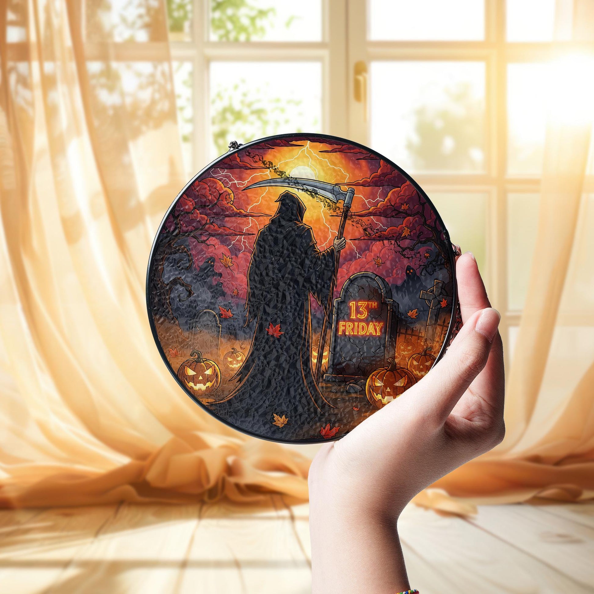 Grim Reaper 13th Friday Halloween Sign – Spooky Hanging Gothic Wall Decor – Friday the 13th Scary Autumn Plaque – Horror Home Decoration