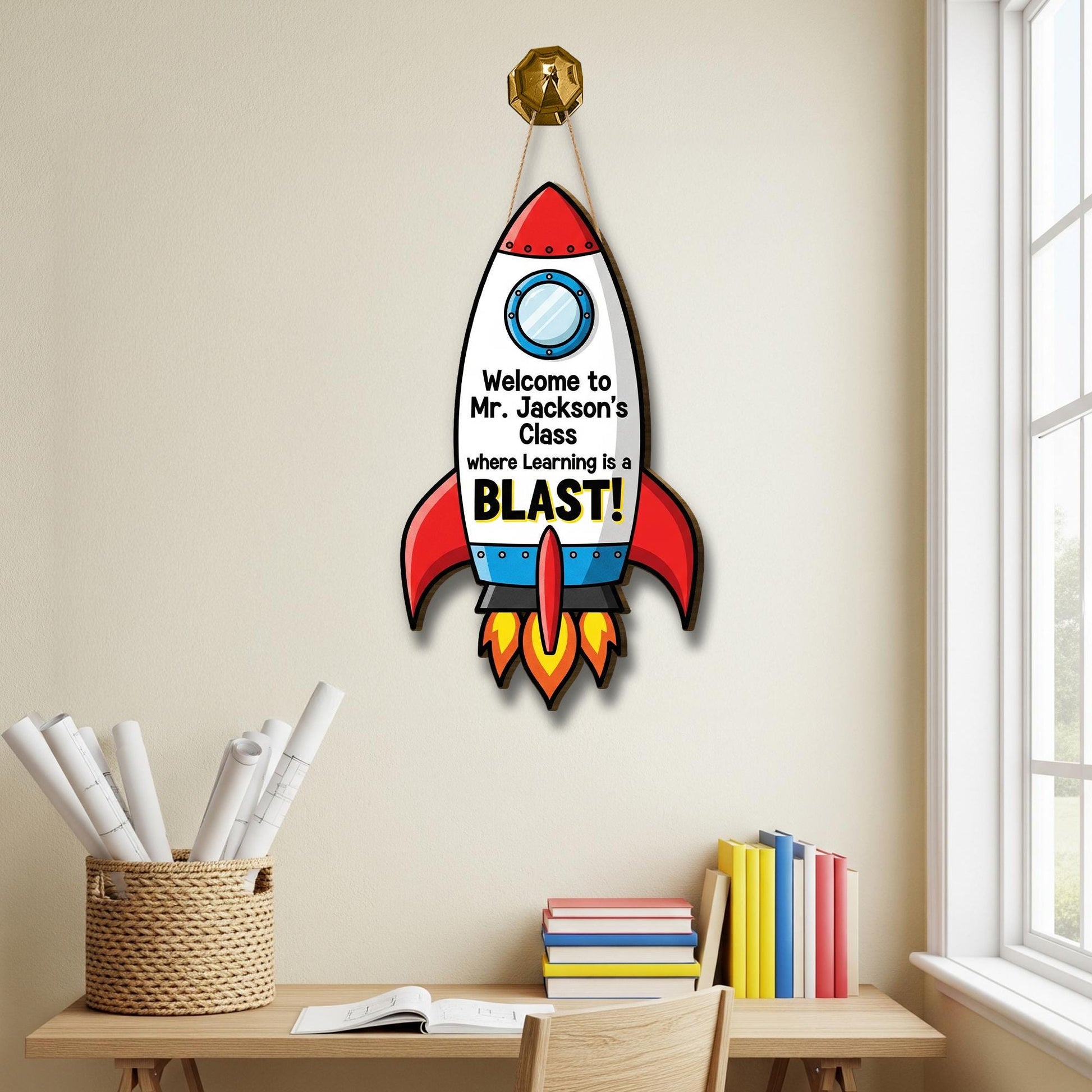 Rocket Classroom Door Sign | Teacher's Class Decor | Space Theme Teacher Welcome Sign | Learning is a Blast Back to School Gift, Space Sign