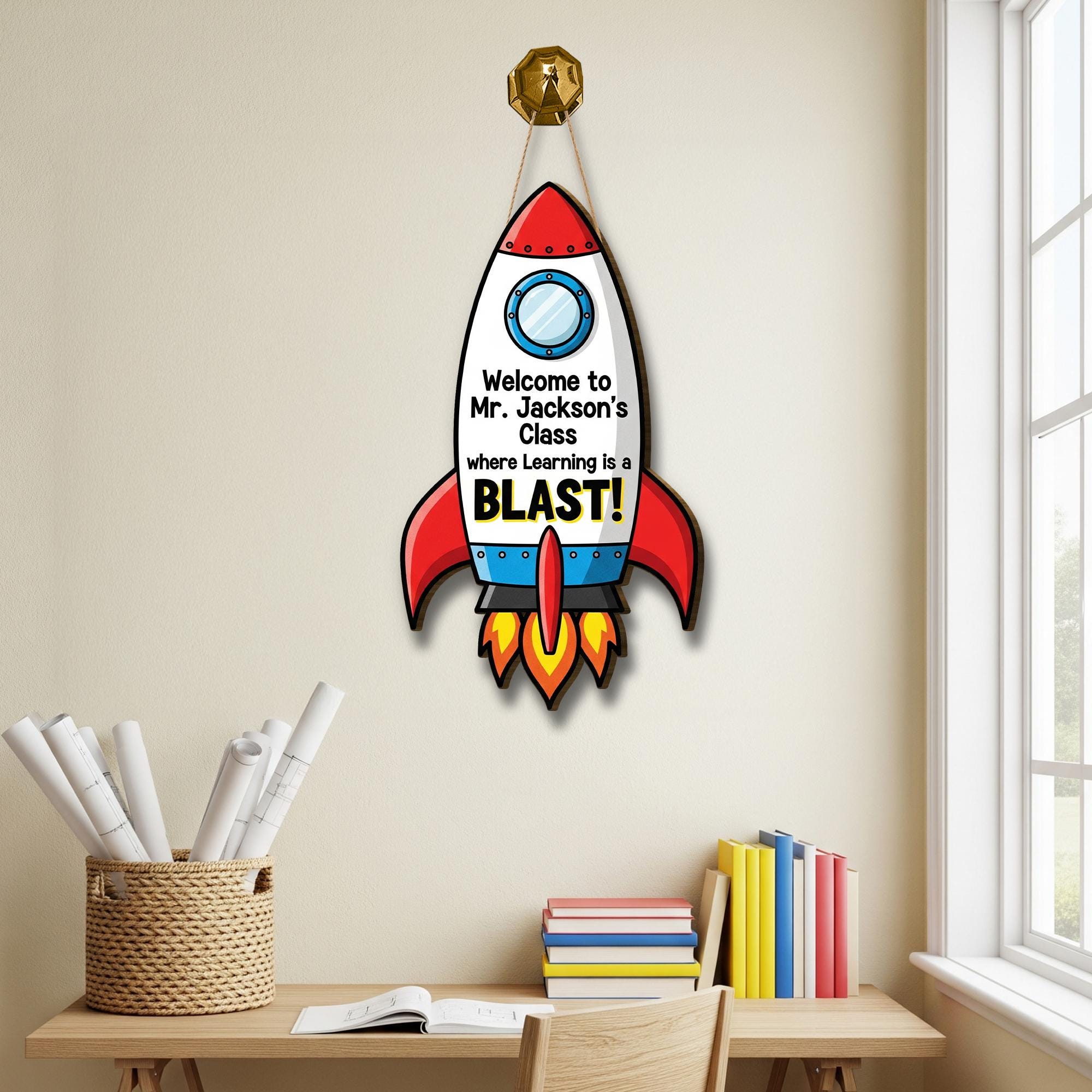 Rocket Classroom Door Sign | Teacher's Class Decor | Space Theme Teacher Welcome Sign | Learning is a Blast Back to School Gift, Space Sign