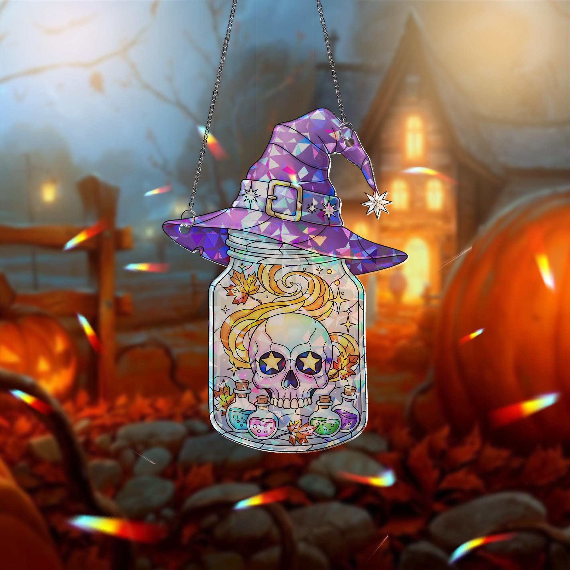 Witch Hat Skull Jar Suncatcher – Halloween Window Decor – Gothic Magic Potion Skull Art – Spooky Witchy Hanging Ornament