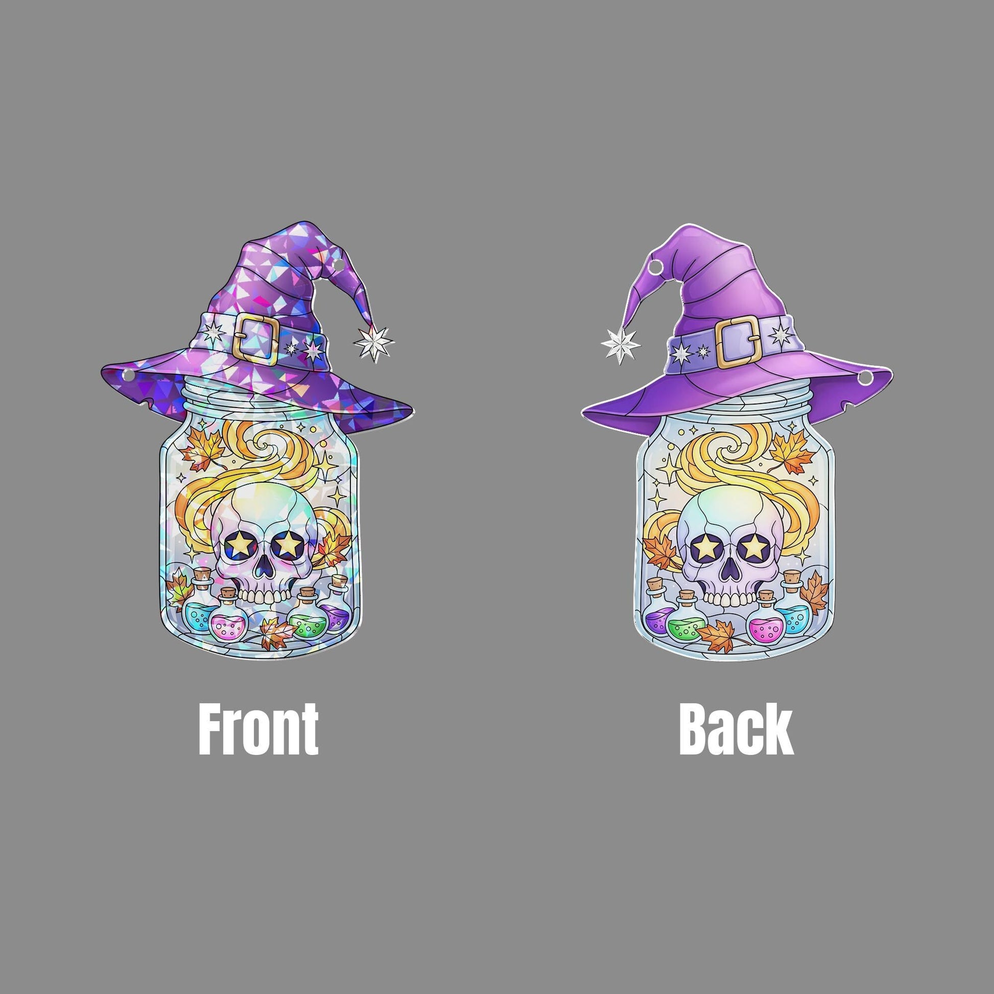 Witch Hat Skull Jar Suncatcher – Halloween Window Decor – Gothic Magic Potion Skull Art – Spooky Witchy Hanging Ornament