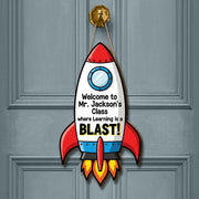 Rocket Classroom Door Sign | Teacher's Class Decor | Space Theme Teacher Welcome Sign | Learning is a Blast Back to School Gift, Space Sign